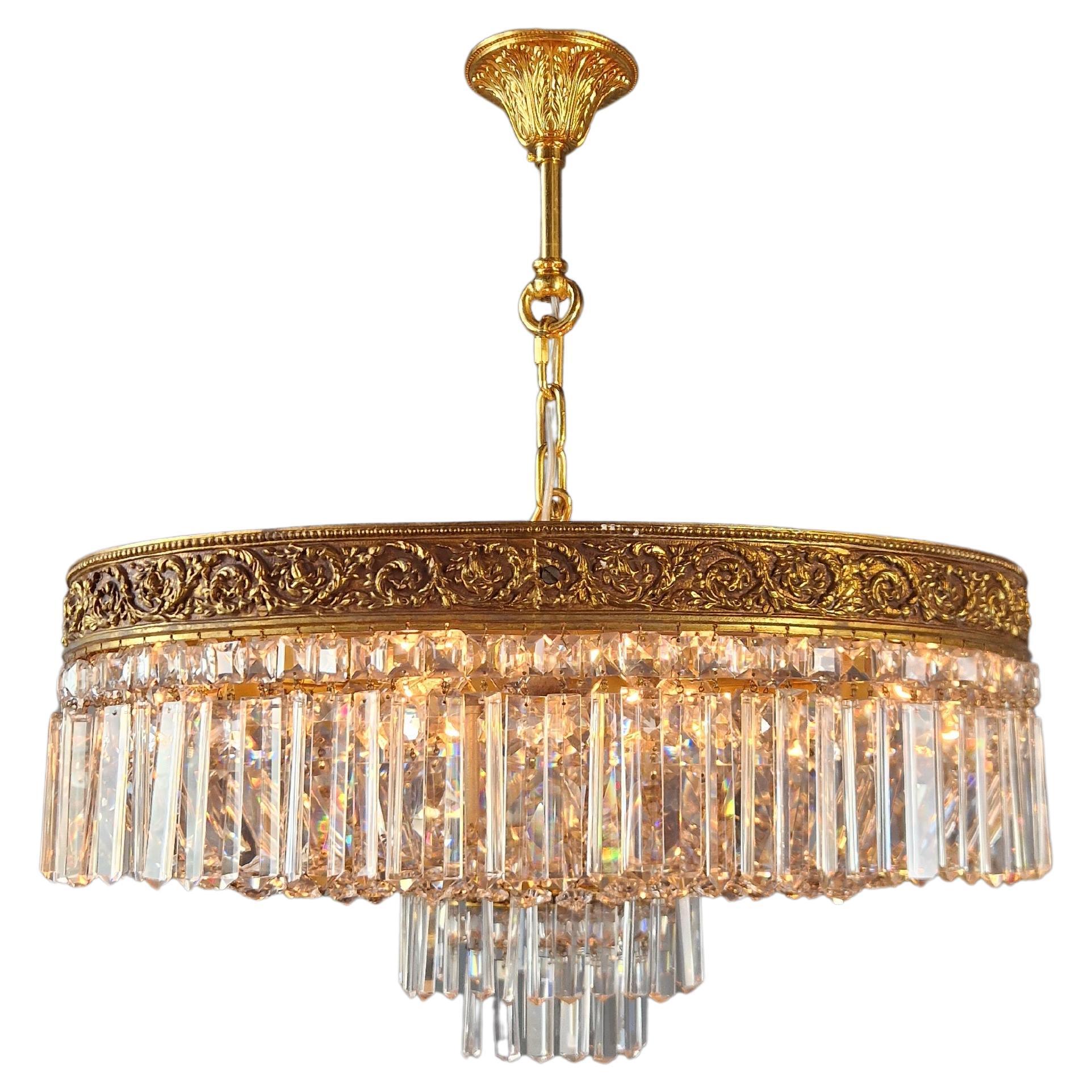 Low Plafonnier Crystal Chandelier Brass Lustre Ceiling Art Deco Gold