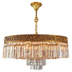 Vintage Low Plafonnier Crystal Chandelier Brass Lustre Ceiling Art Deco Gold