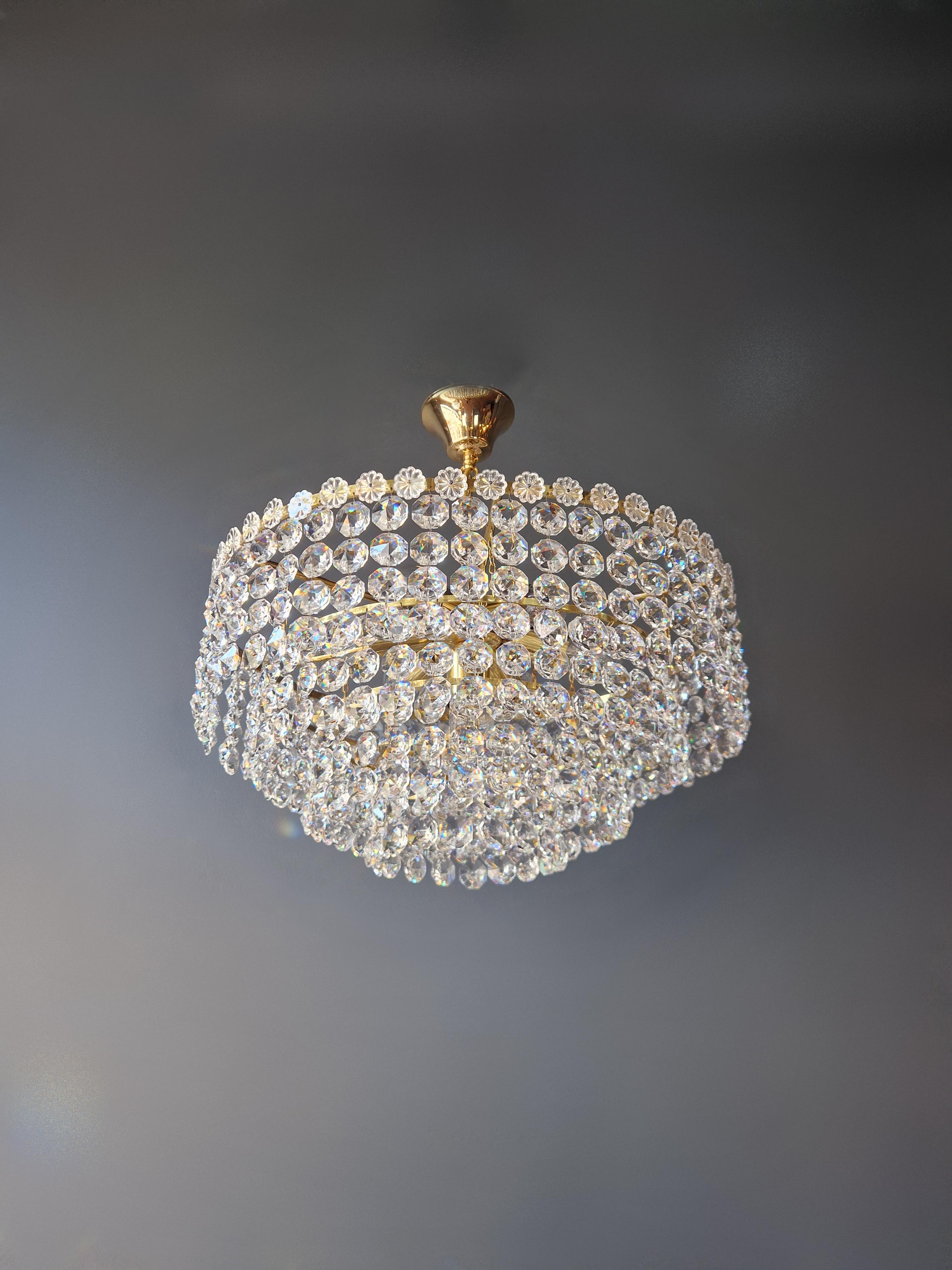 Aesthetic Movement Low Plafonnier Crystal Chandelier Brass Lustre Ceiling Art Deco Gold Sparkle