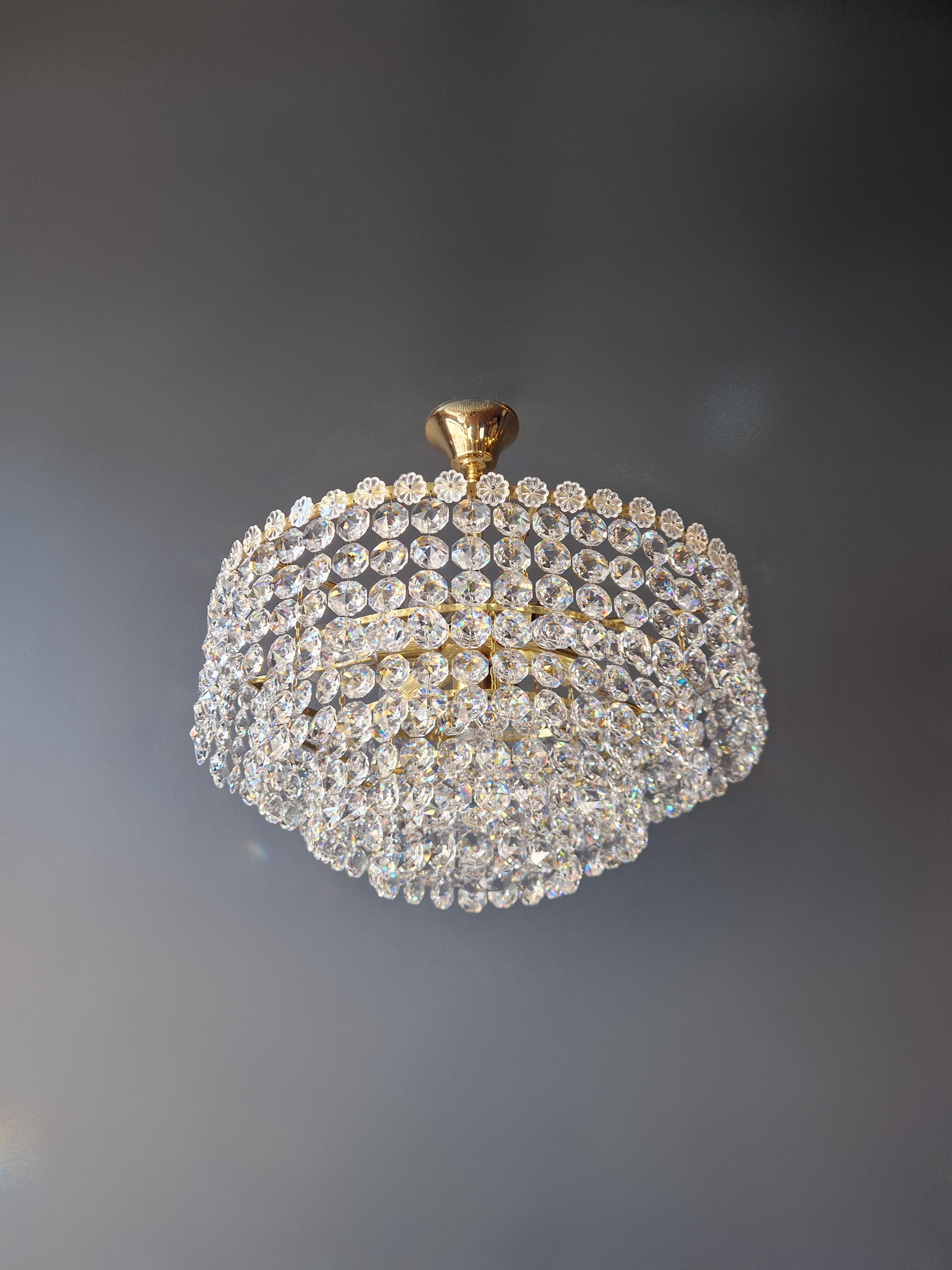 Austrian Low Plafonnier Crystal Chandelier Brass Lustre Ceiling Art Deco Gold Sparkle