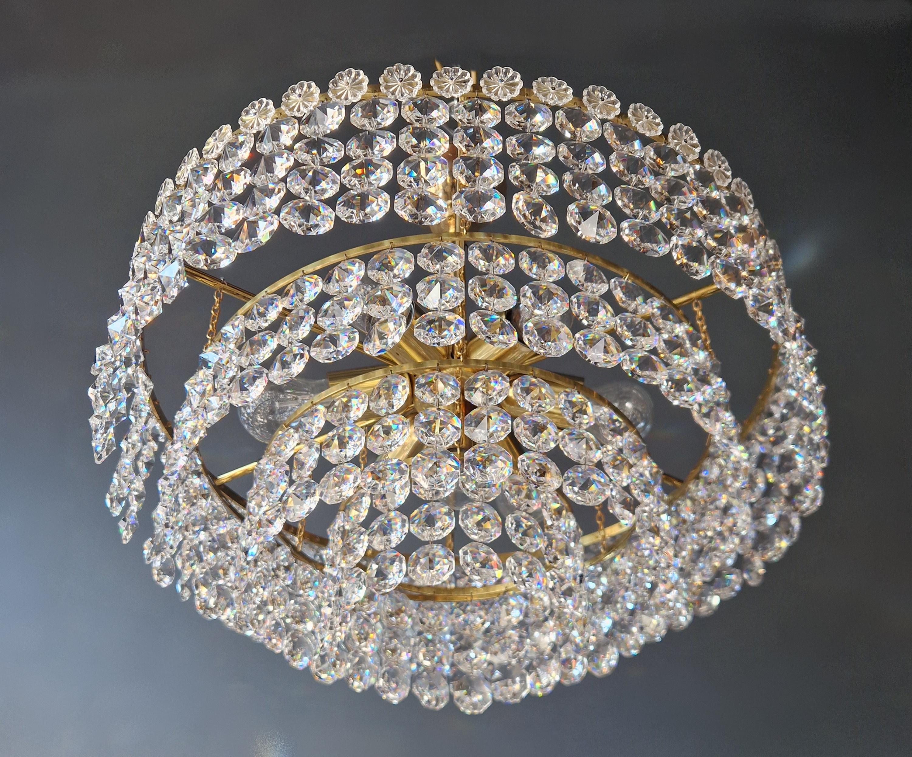 19th Century Low Plafonnier Crystal Chandelier Brass Lustre Ceiling Art Deco Gold Sparkle