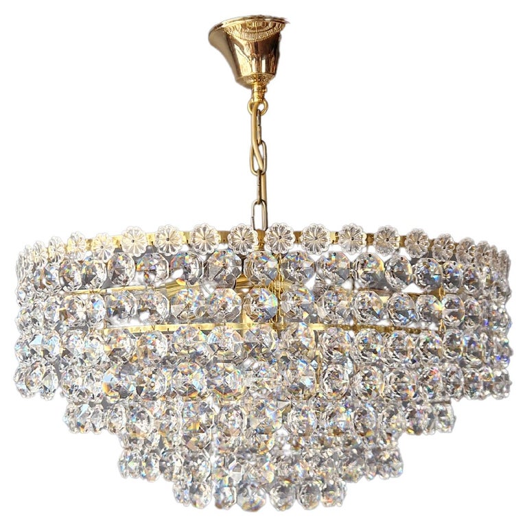 Low Plafonnier Crystal Chandelier Brass Lustre Ceiling Art Deco Gold  Sparkle For Sale at 1stDibs