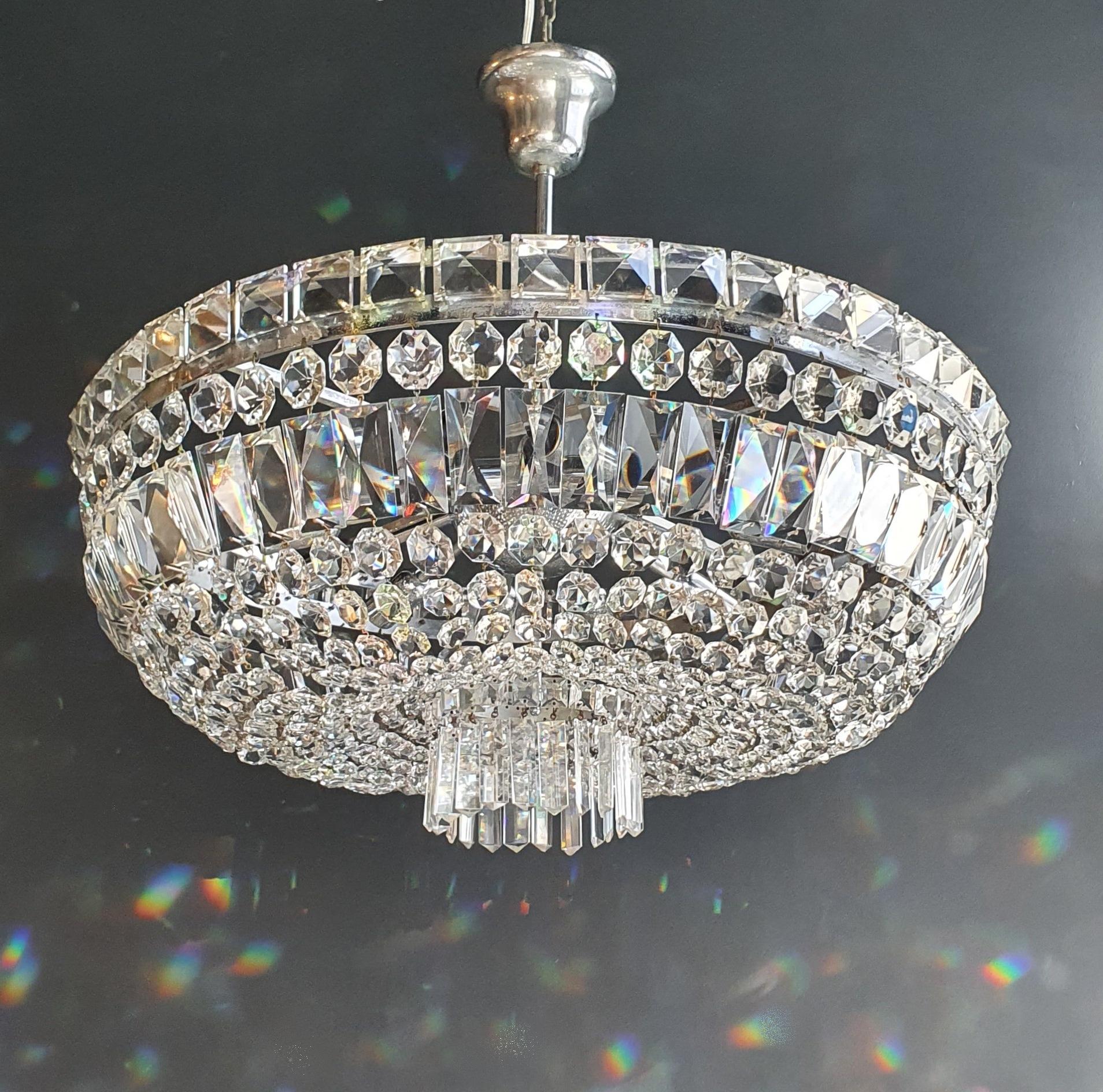 Art Nouveau Low Plafonnier Crystal Chandelier Brass Lustre Ceiling Art Deco Silver Chrome