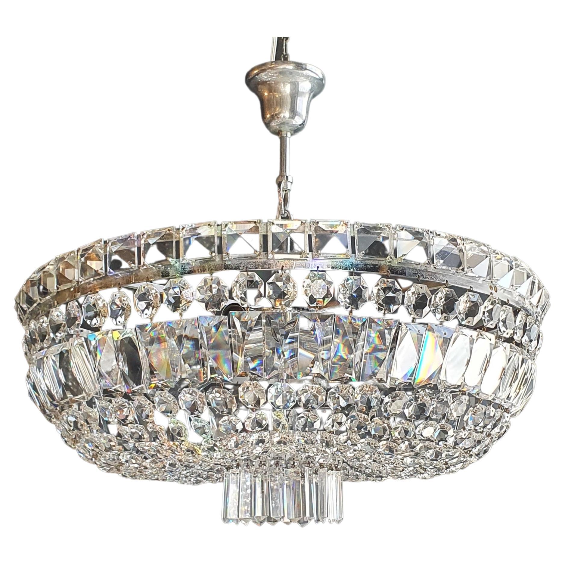 Low Plafonnier Crystal Chandelier Brass Lustre Ceiling Art Deco Silver Chrome