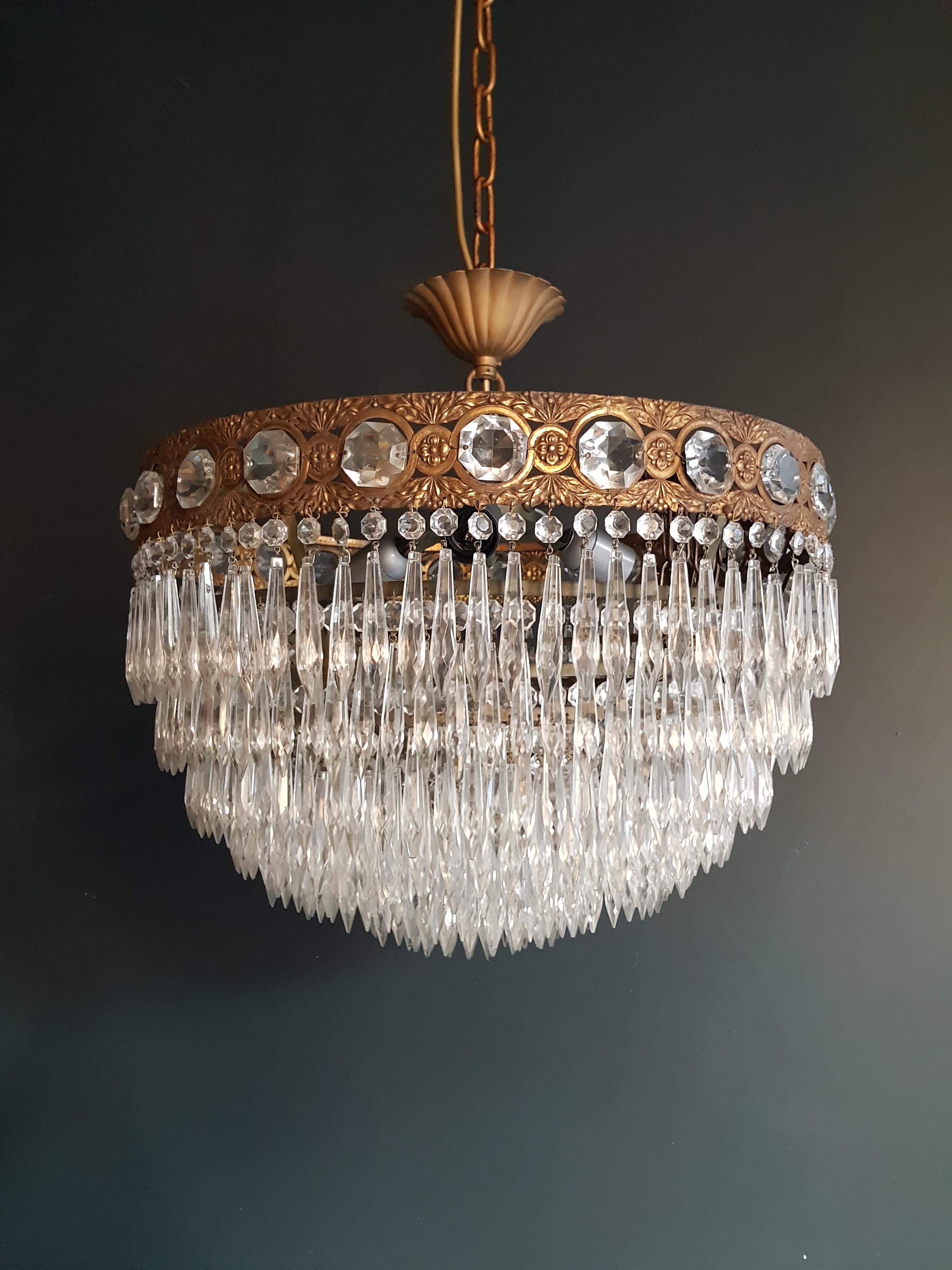 Hand-Knotted Low Plafonnier Crystal Chandelier Brass Lustre Ceiling Lamp Antique Art Nouveau