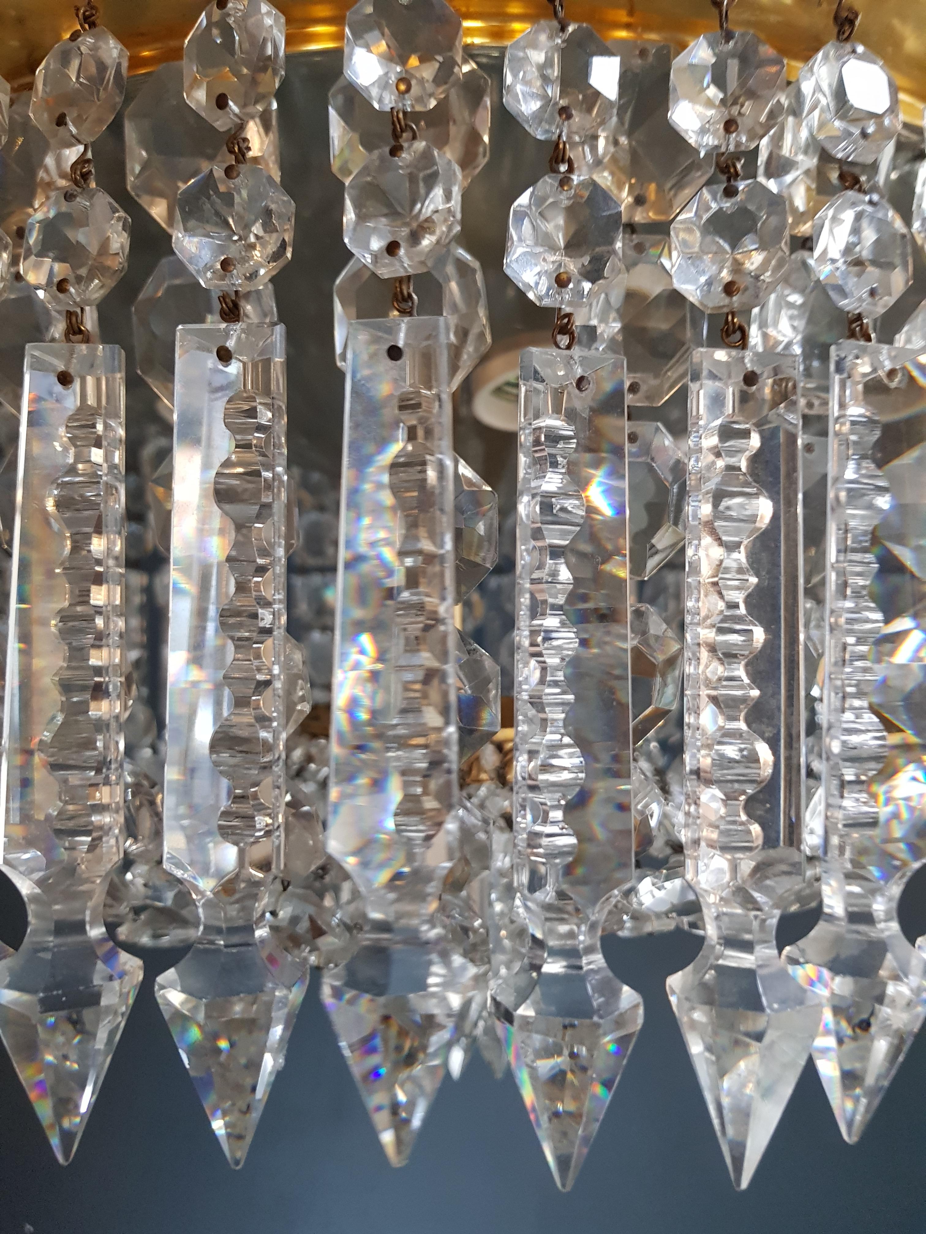 European Low Plafonnier Crystal Chandelier Brass Lustre Ceiling Lamp Antique Art Nouveau