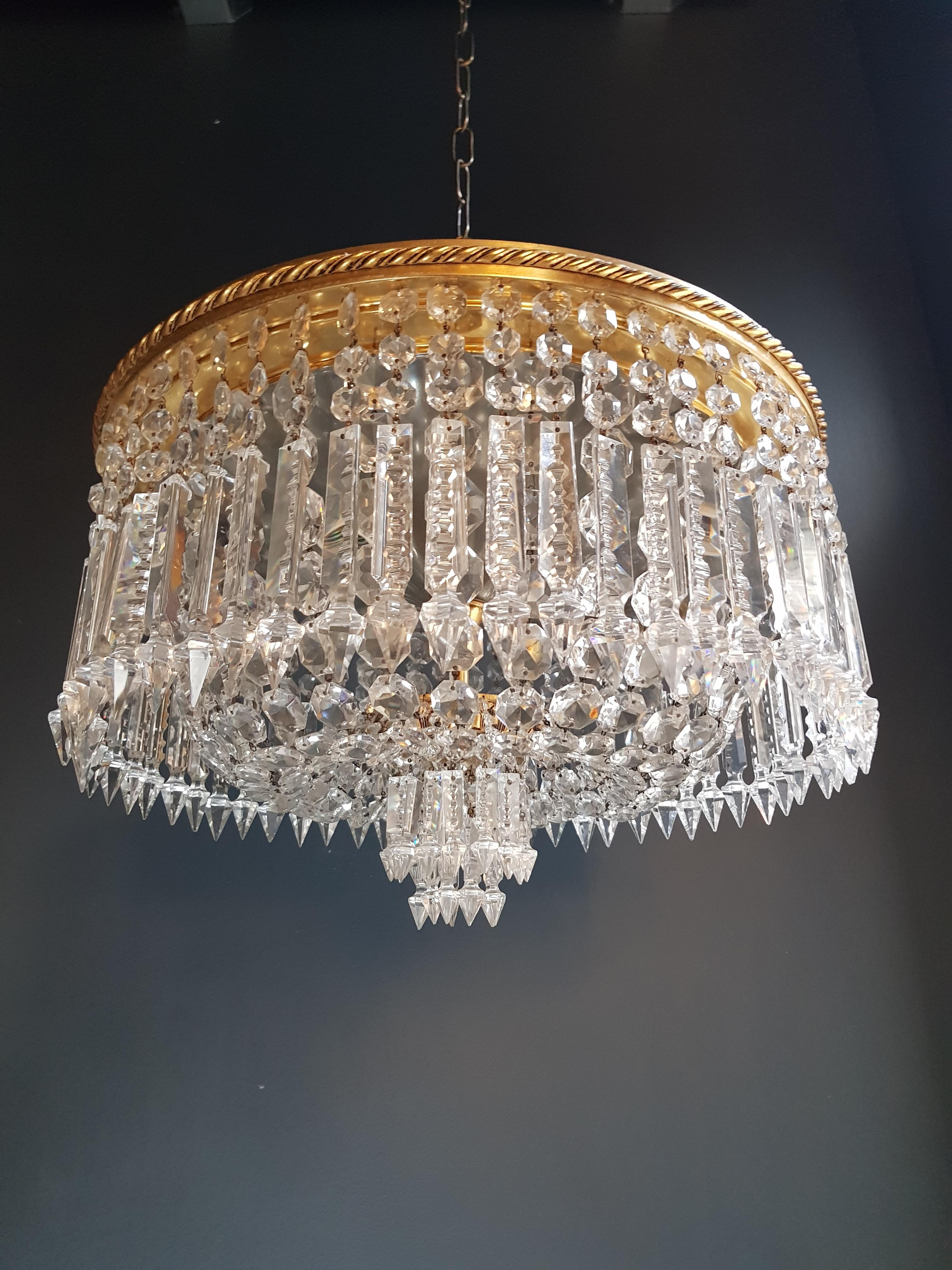 Hand-Knotted Low Plafonnier Crystal Chandelier Brass Lustre Ceiling Lamp Antique Art Nouveau