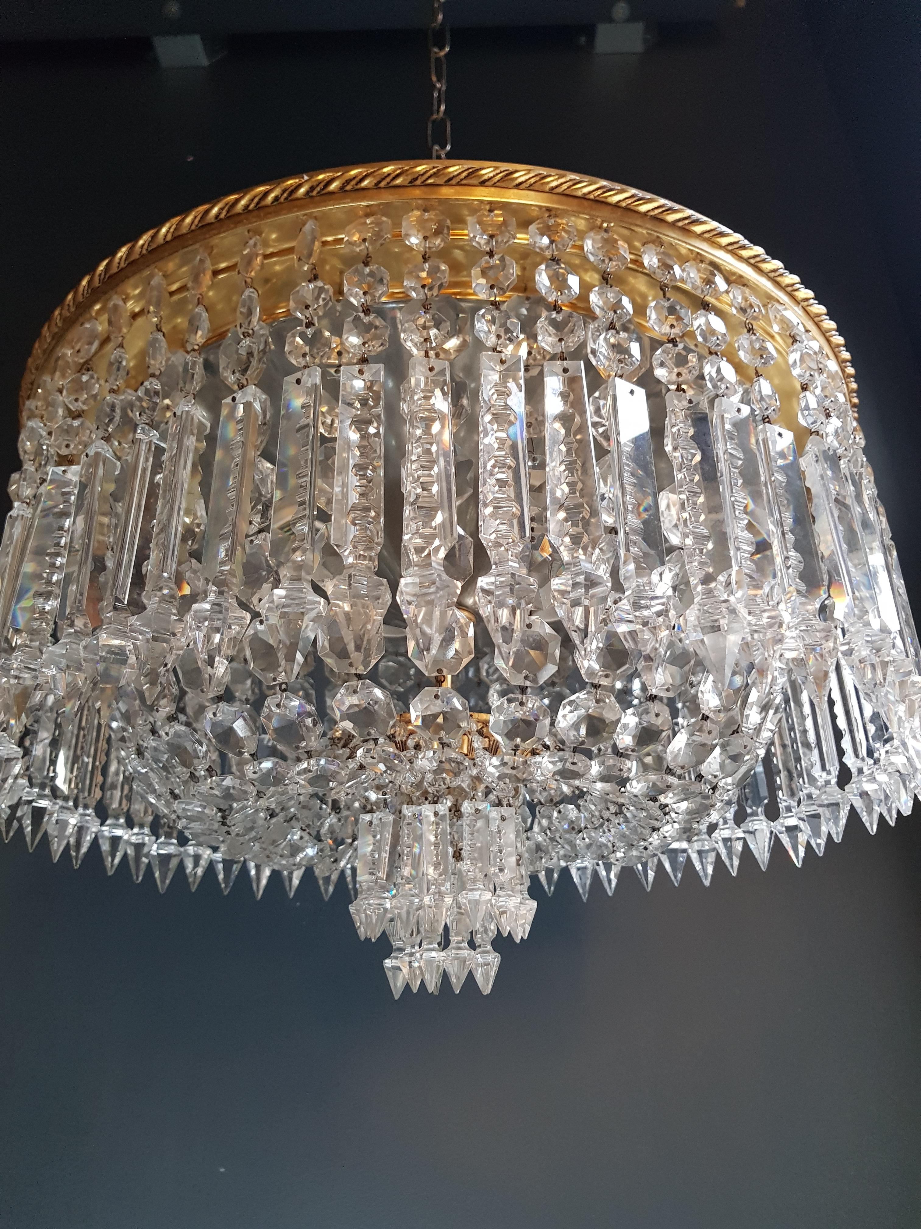Low Plafonnier Crystal Chandelier Brass Lustre Ceiling Lamp Antique Art Nouveau In Good Condition In Berlin, DE