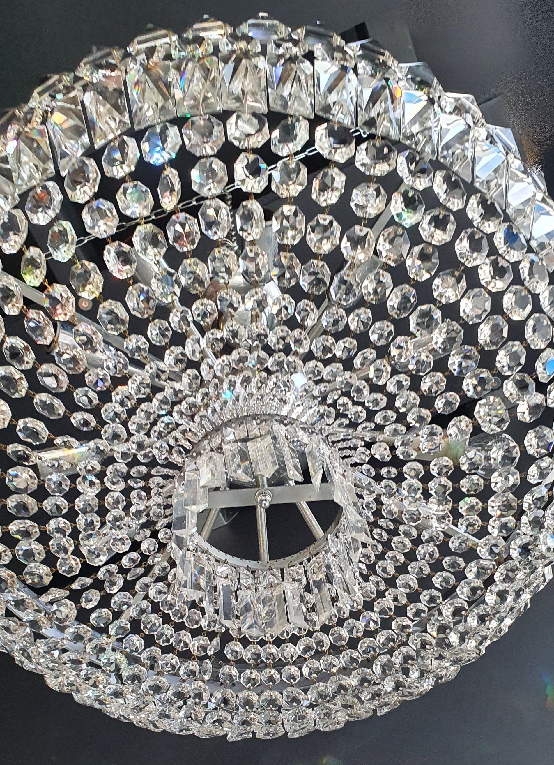 Hand-Knotted Low Plafonnier Crystal Chandelier Chrome Lustre Ceiling Art Deco Silver For Sale