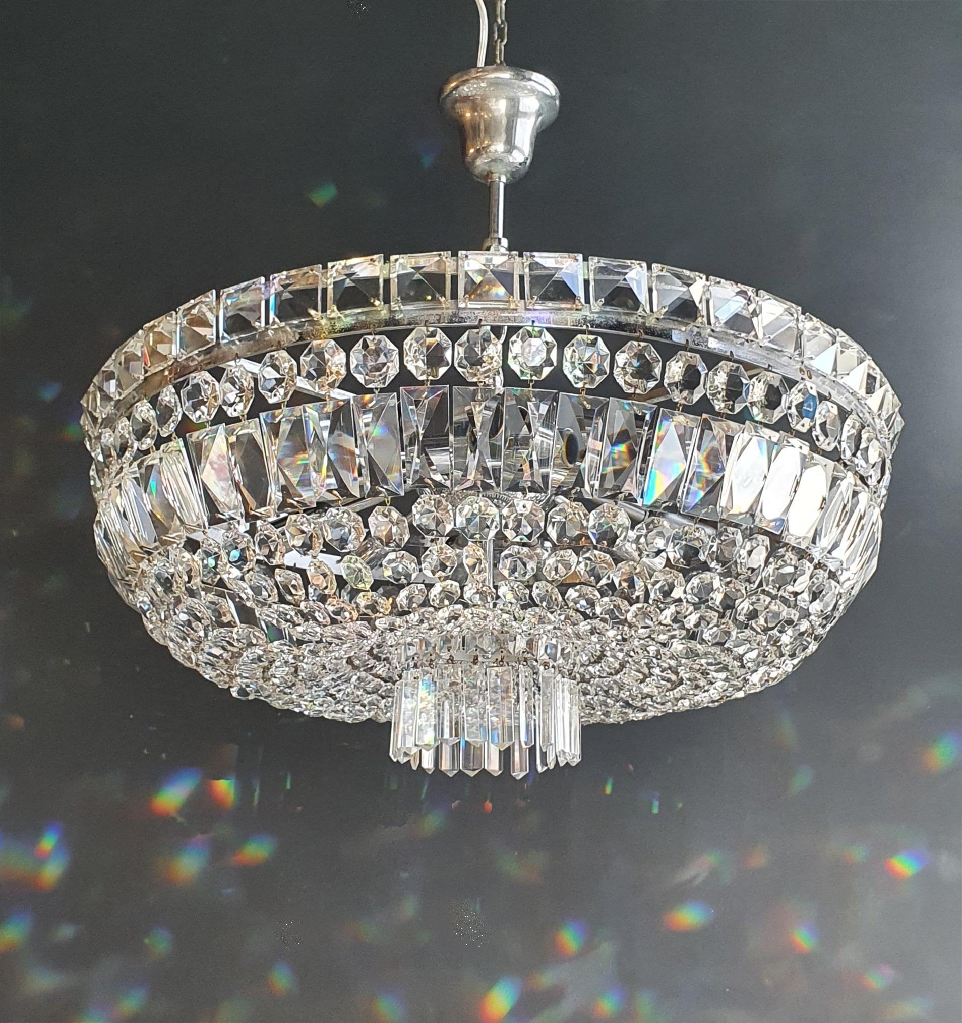 Mid-20th Century Low Plafonnier Crystal Chandelier Chrome Lustre Ceiling Art Deco Silver For Sale