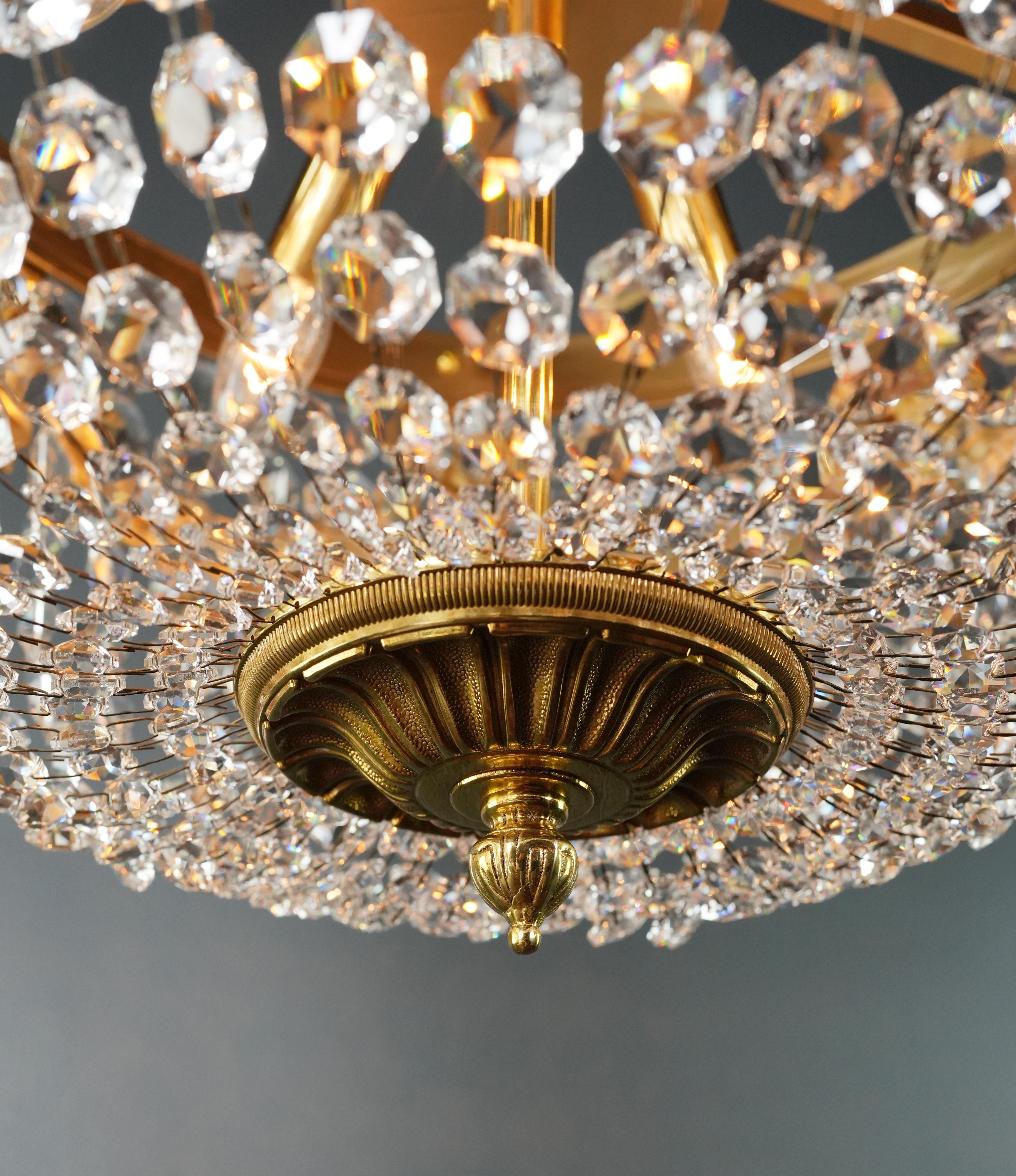 Low Plafonnier Crystal Chandelier in Gold Lustre Brass Art Deco For Sale 6