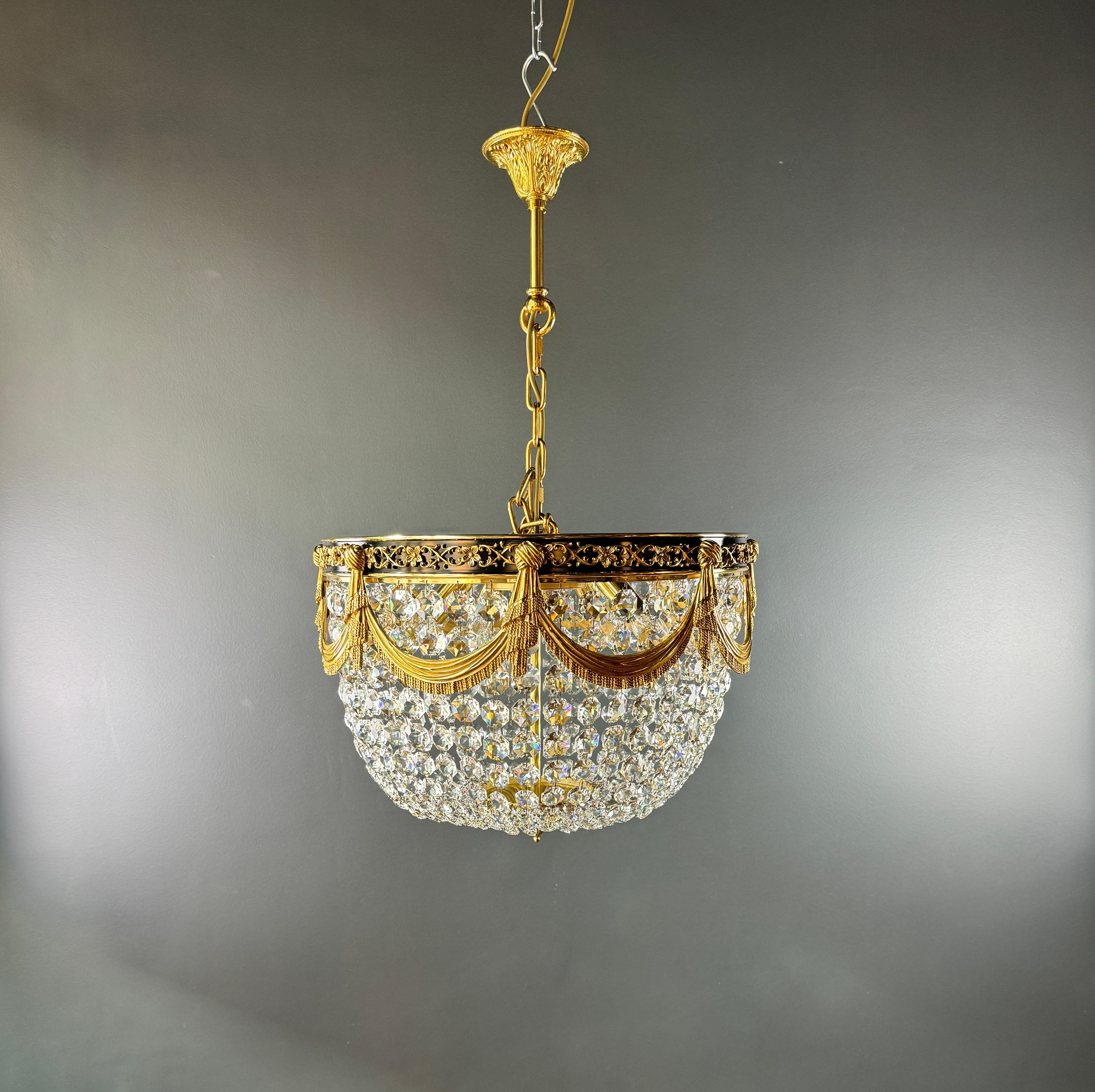 German Low Plafonnier Crystal Chandelier in Gold Lustre Brass Art Deco For Sale