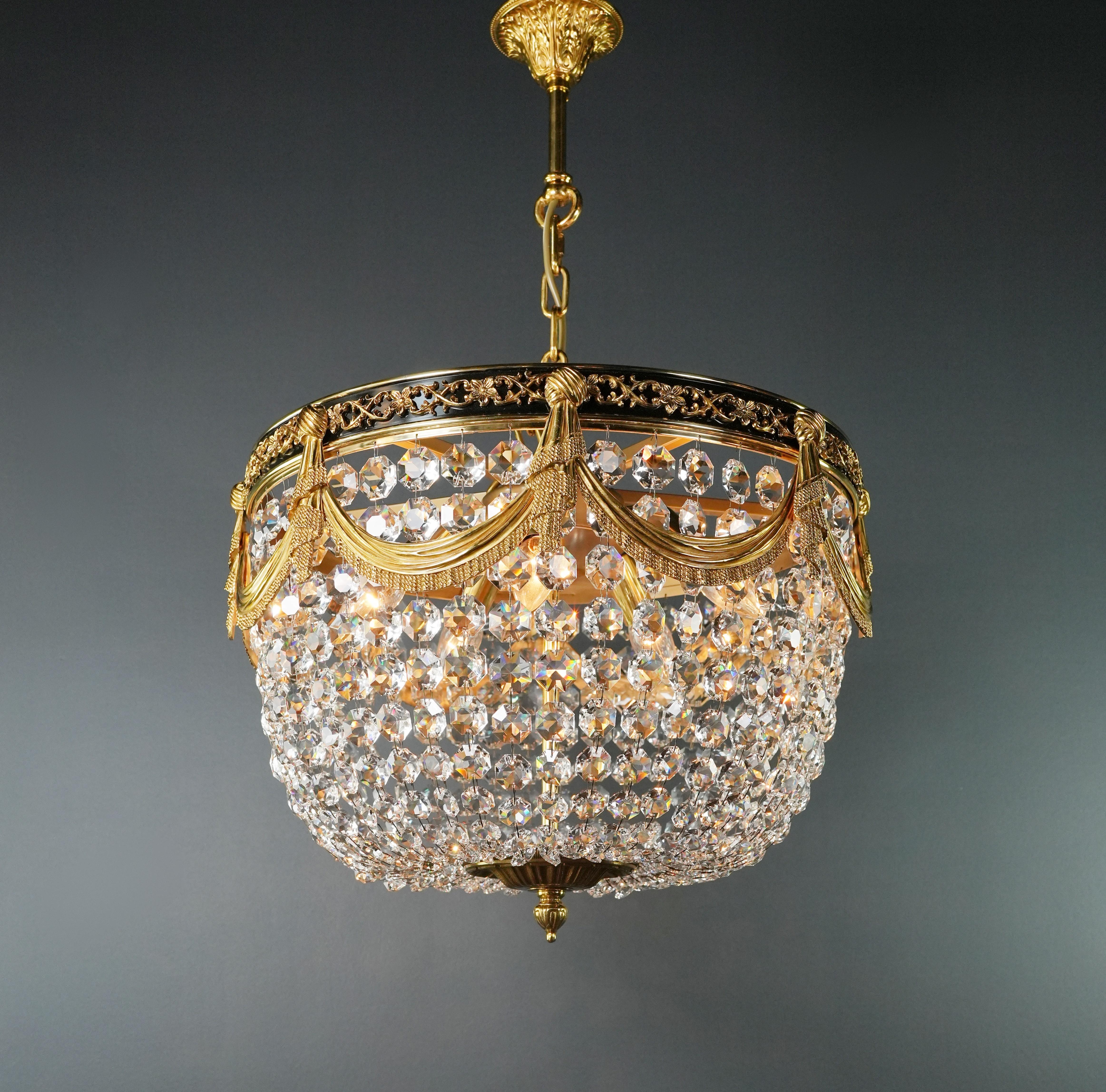 Contemporary Low Plafonnier Crystal Chandelier in Gold Lustre Brass Art Deco For Sale