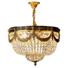 Low Plafonnier Crystal Chandelier in Gold Lustre Brass Art Deco New