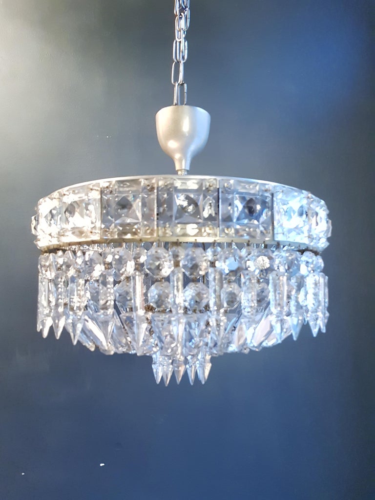 Low Plafonnier Silver Crystal Chandelier Lustre Ceiling Lamp