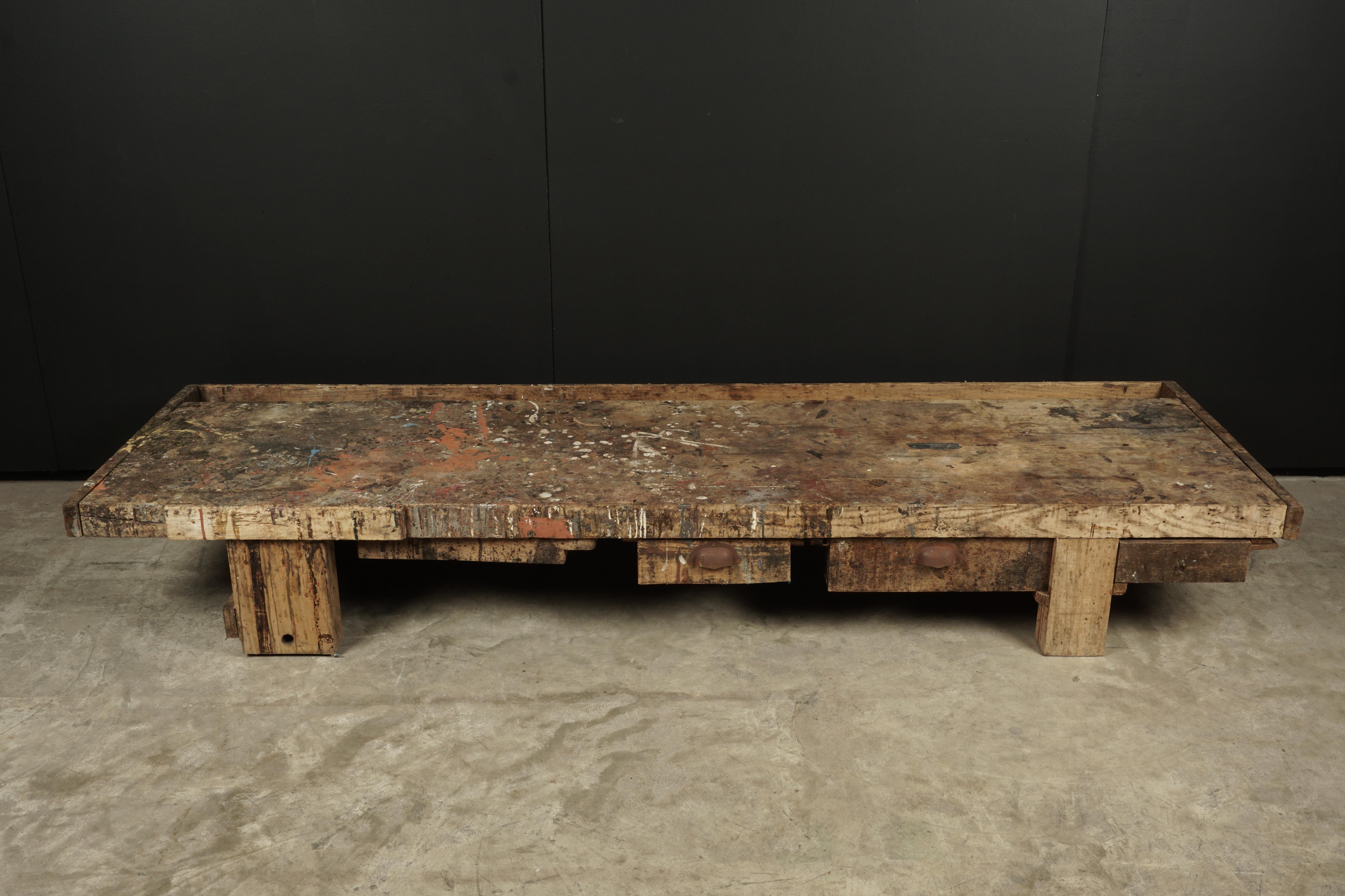 Low Primitive coffee table from France, circa 1950. Fantastic original wear and patina. Three drawers on front.