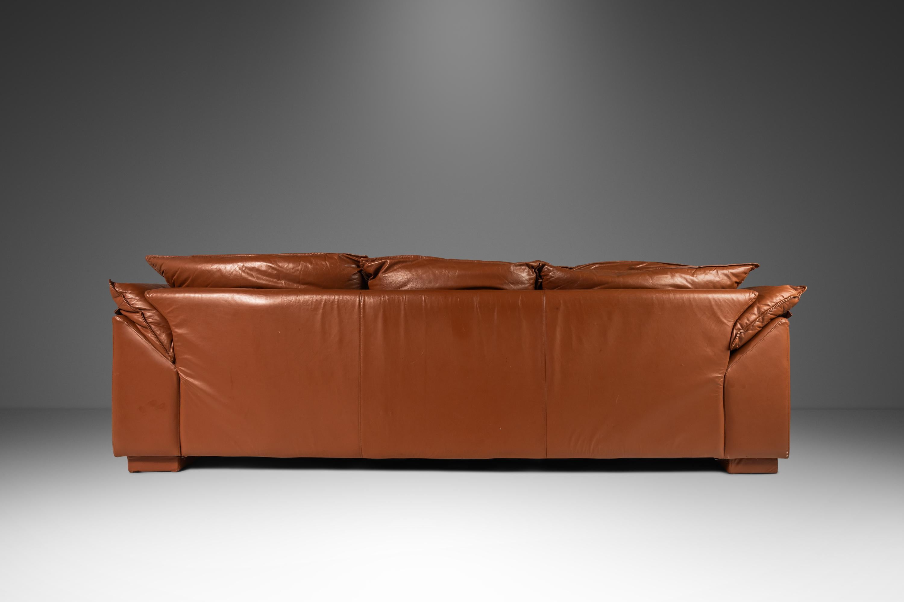 Mid-Century Modern Low Profile Sofa in Cognac Brown Leather in the Manner of Niels Eilersen, 1980's For Sale