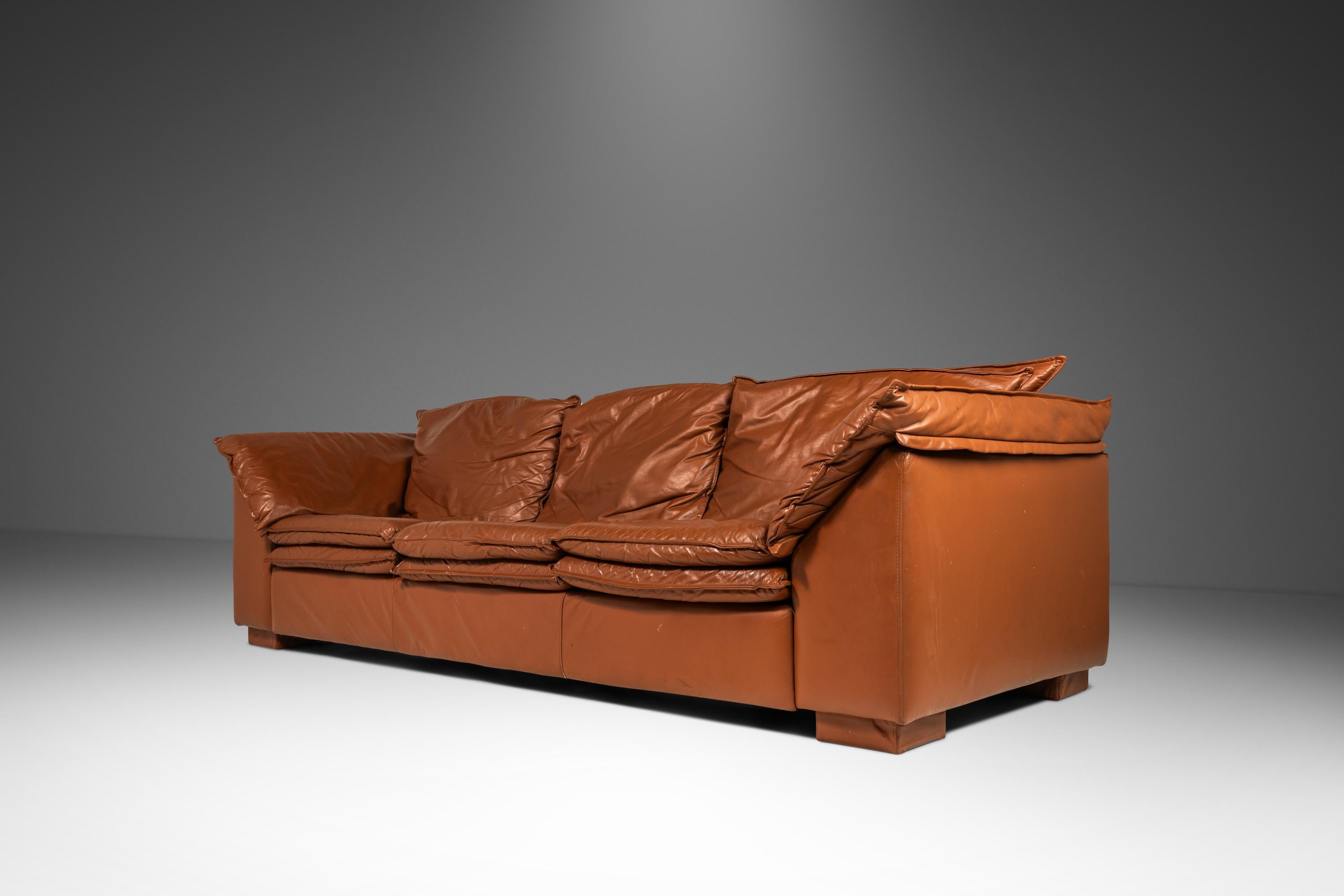 Low Profile Sofa in Cognac Brown Leather in the Manner of Niels Eilersen, 1980's In Fair Condition For Sale In Deland, FL