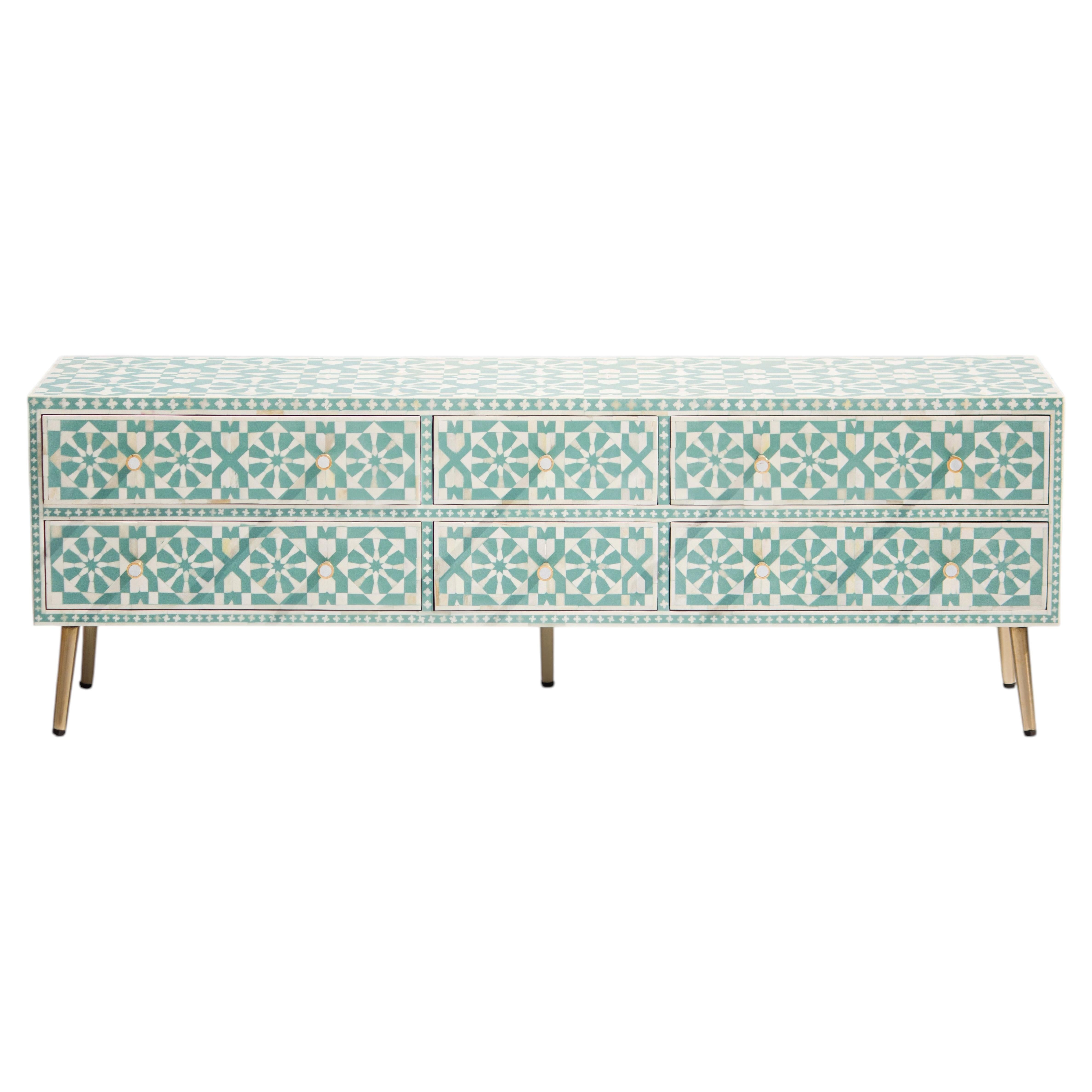 Low-Profile Bone Inlay Media Console with Cord Escapes by House of Jaipur