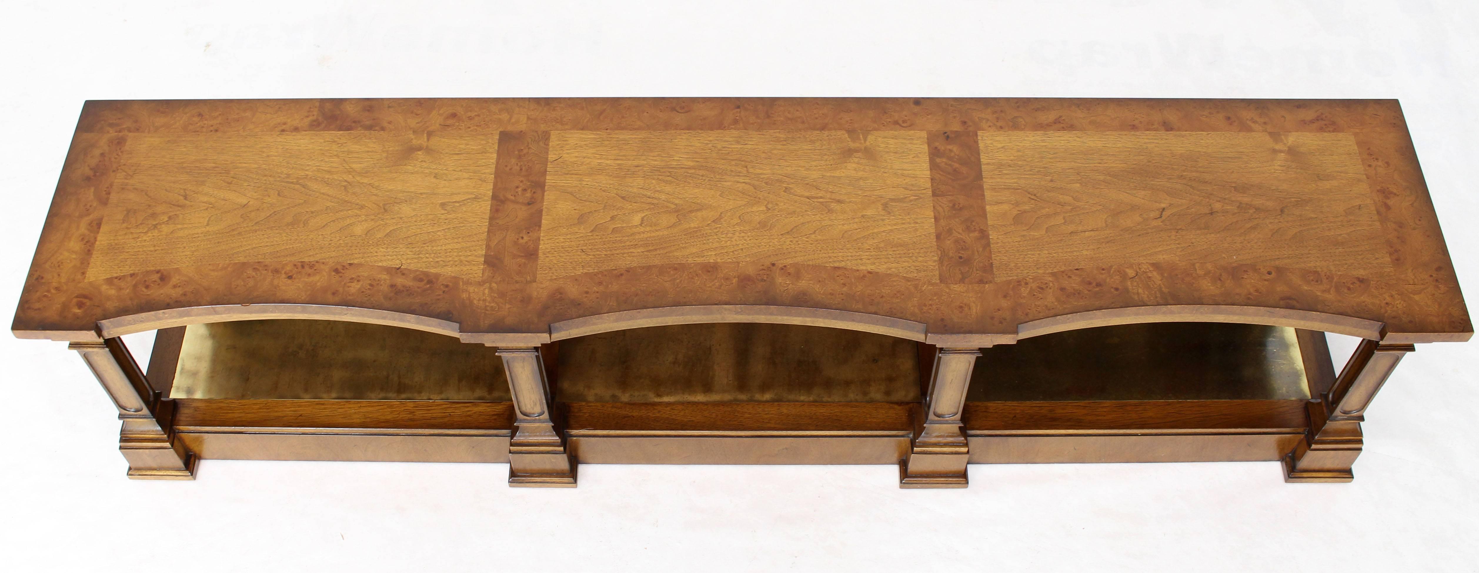 Mid-Century Modern Low Profile Burl Wood Banded Credenza Display Bench or Table with Brass Shelf