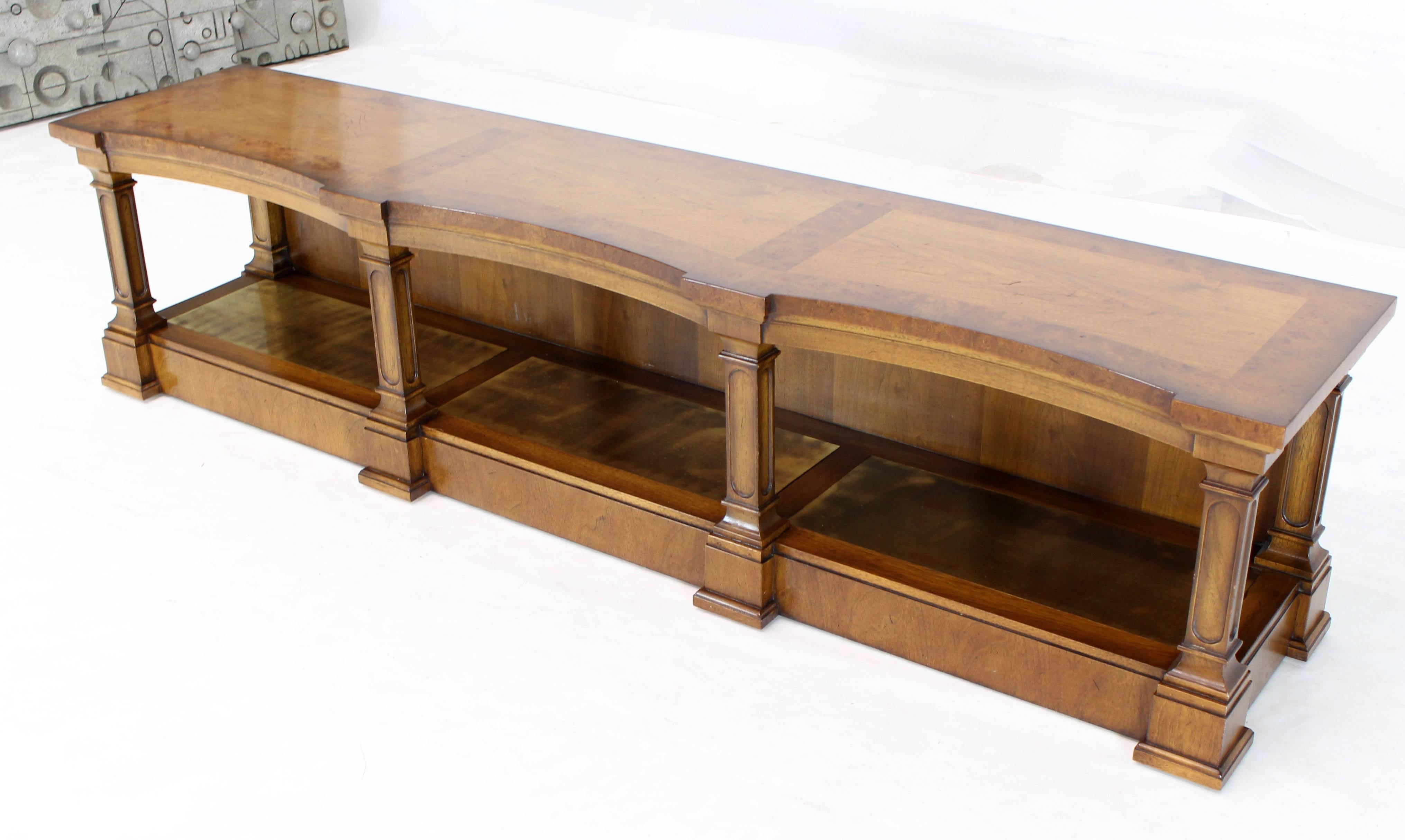 American Low Profile Burl Wood Banded Credenza Display Bench or Table with Brass Shelf For Sale