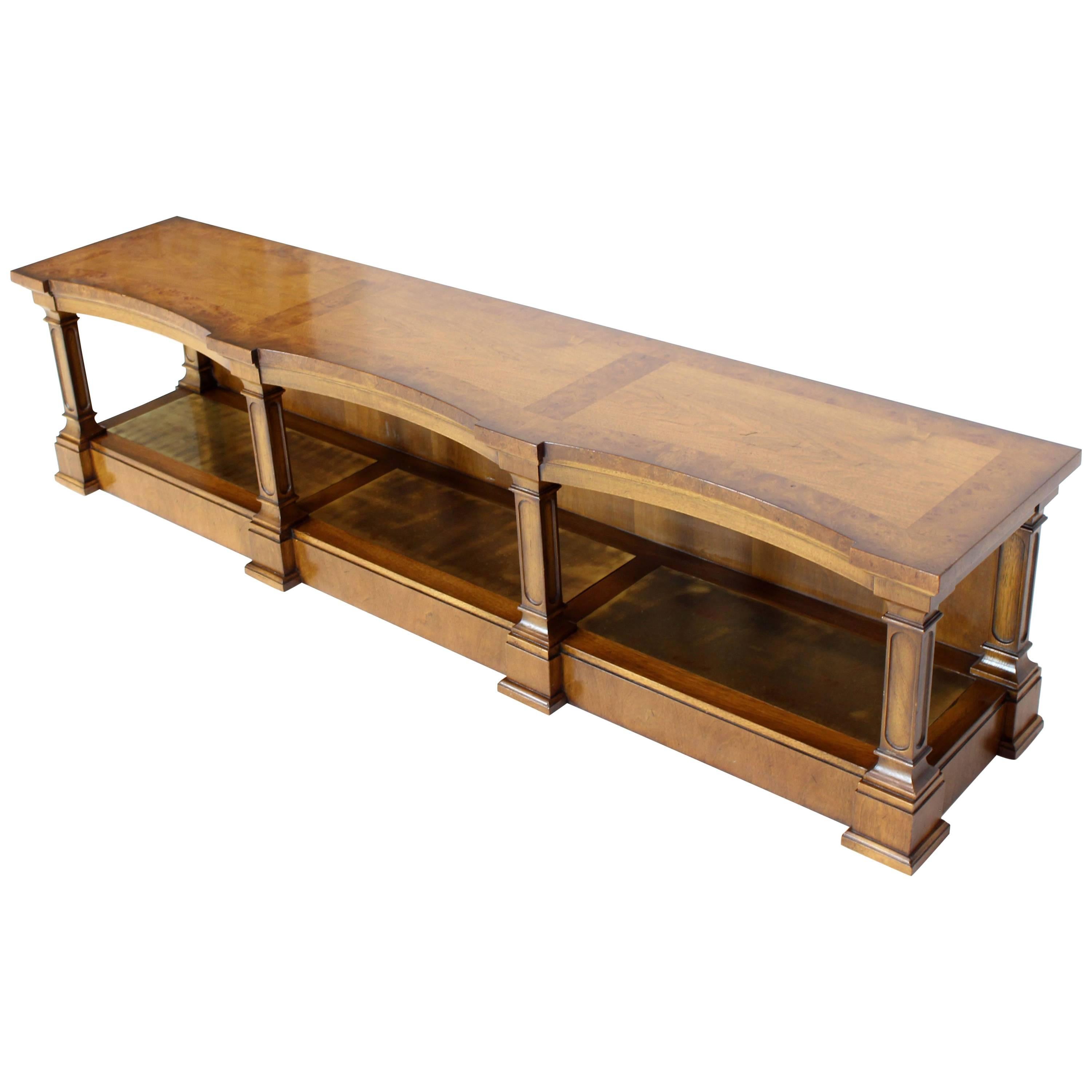 Low Profile Burl Wood Banded Credenza Display Bench or Table with Brass Shelf For Sale