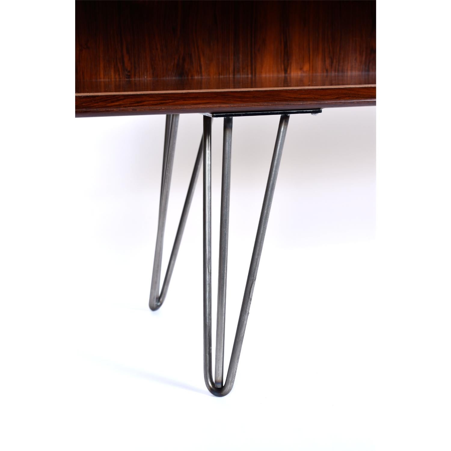Scandinavian Modern Low Profile Danish Rosewood Bookcase or Media Stand on Hairpin Legs