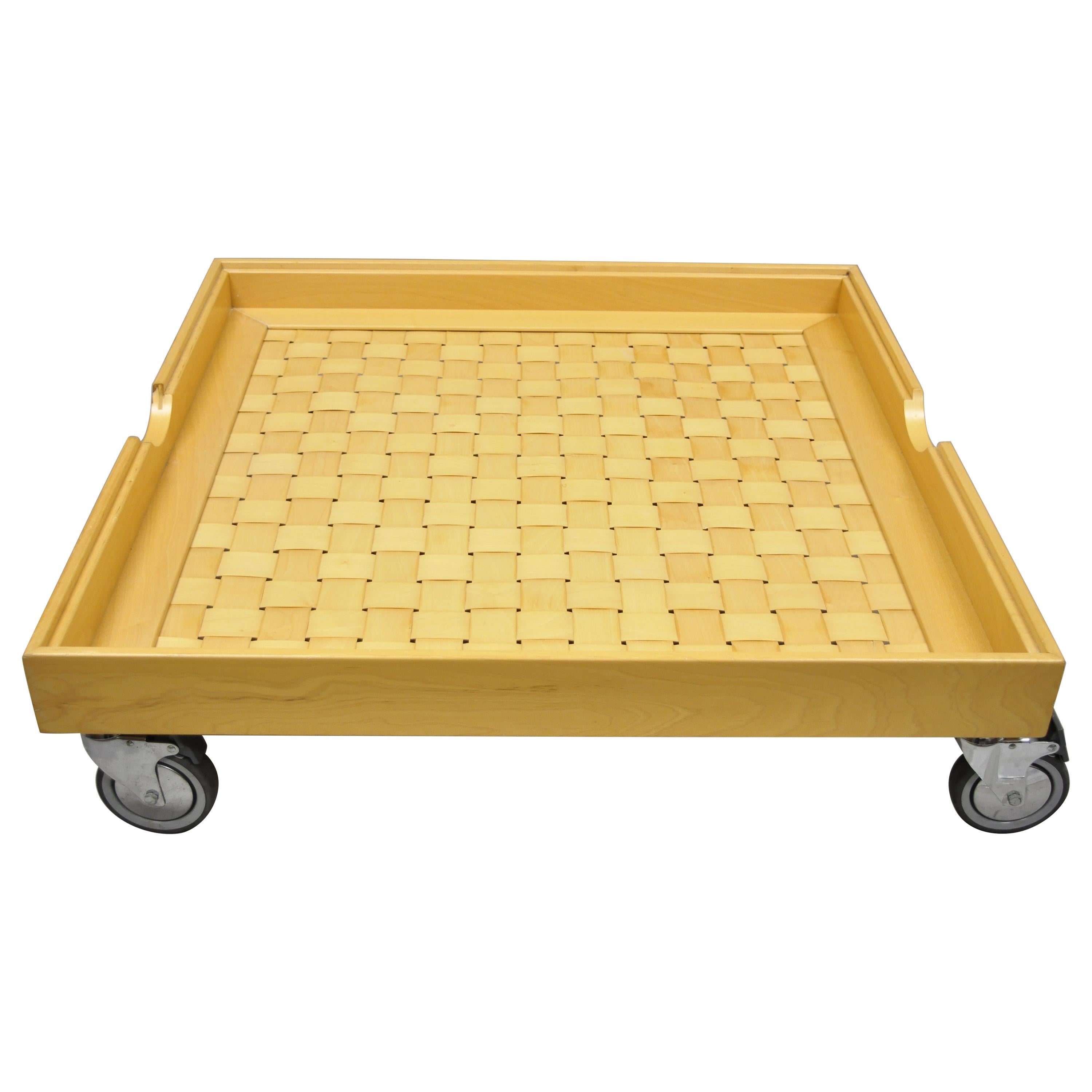 Low Profile Glass Display Top Basket Weave Coffee Table Factory Cart on Wheels For Sale