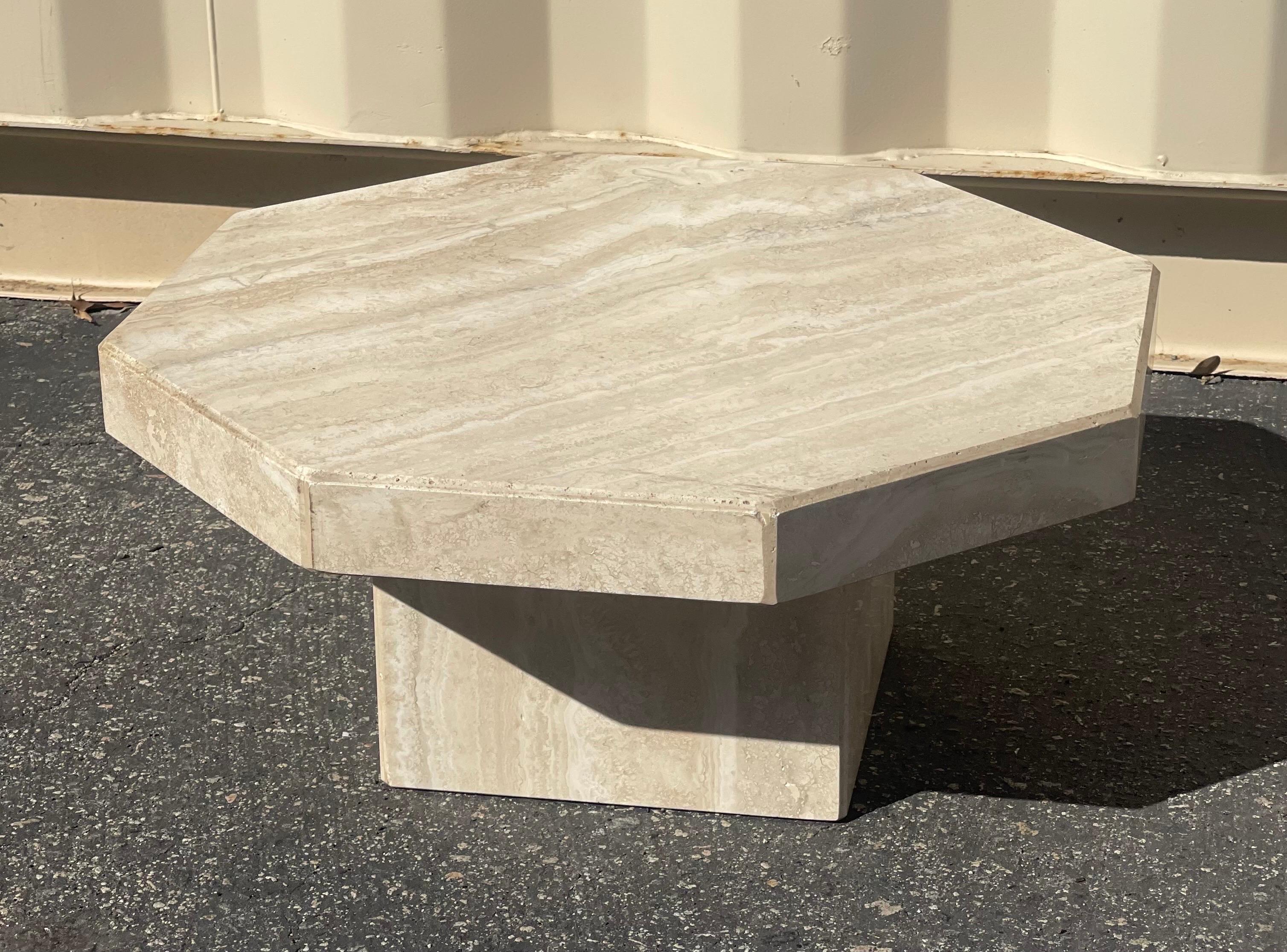 Low profile mid-century Italian travertine octagonal side table, circa 1970s. The two piece table is in very good vintage condition with no chips or cracks and measures 20.5