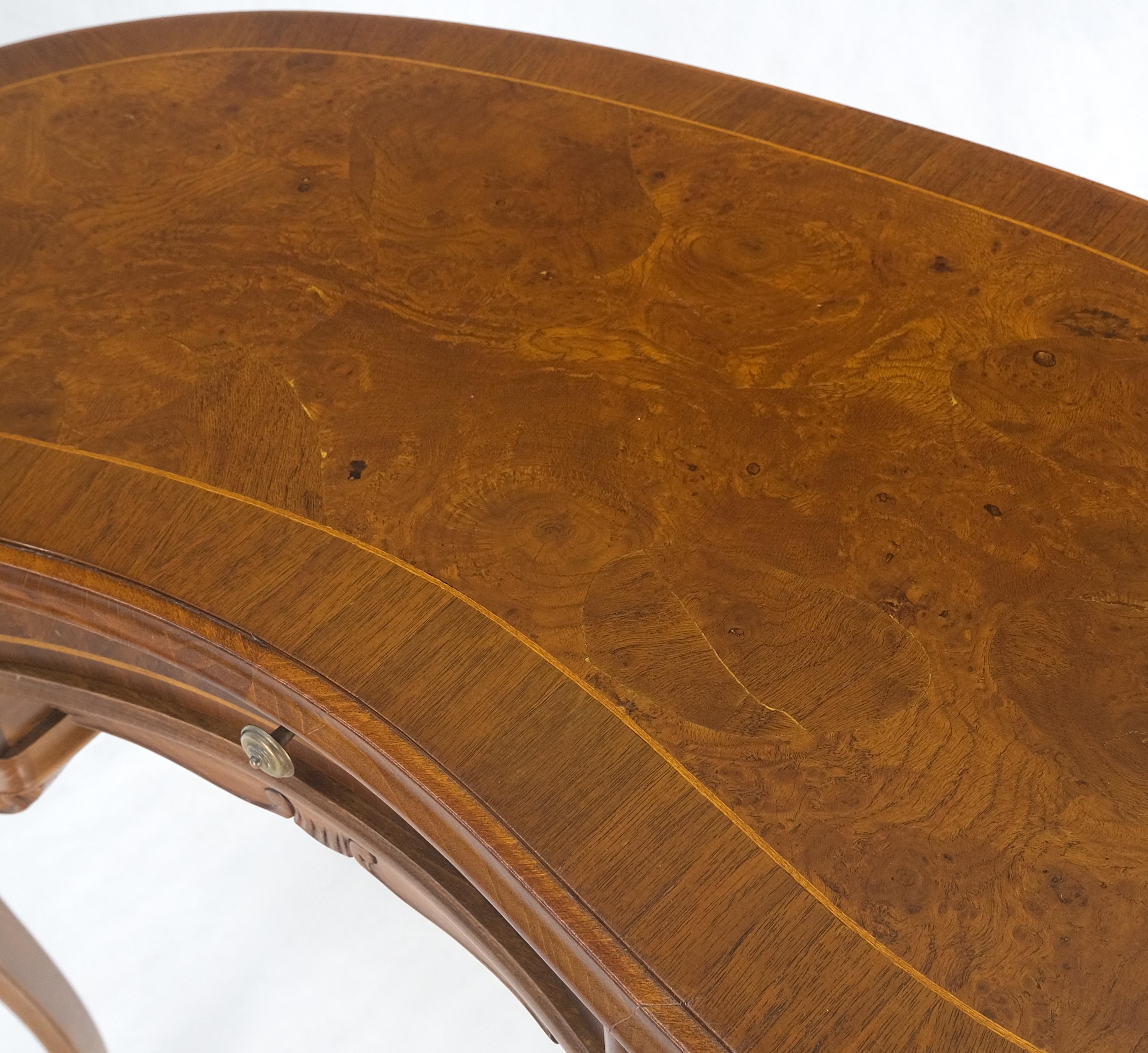 Banded Inlayed Top Carved Legs Low Profile Kidney Shape Burl Wood Compact Desk Writing Table Vanity Made in Italy Italy.