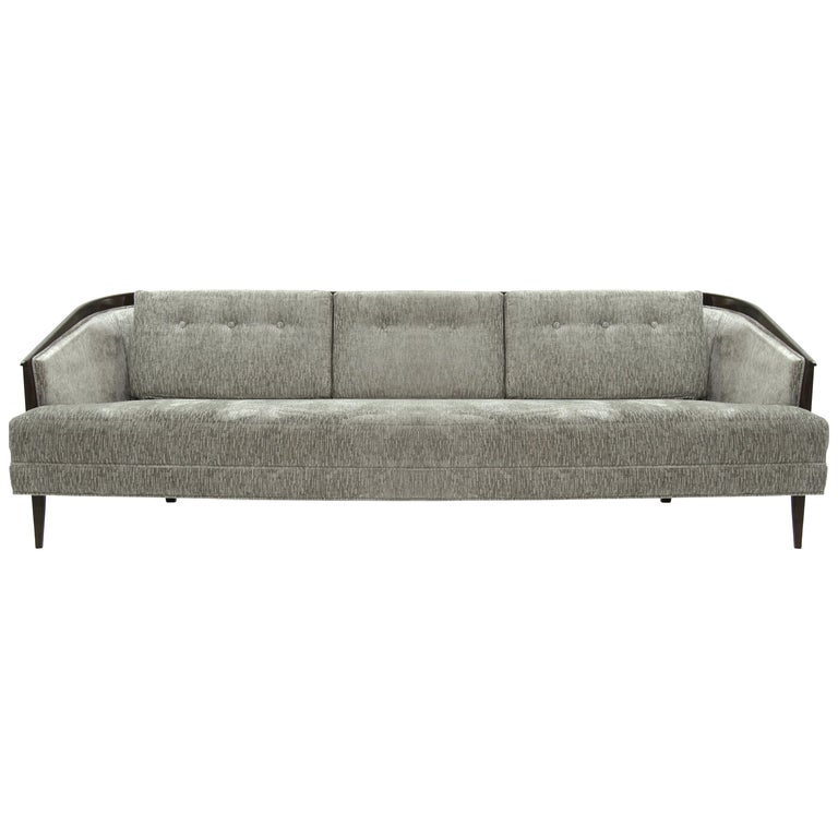 Low Profile Mcm Walnut Frame Sofa In Grey Chenille