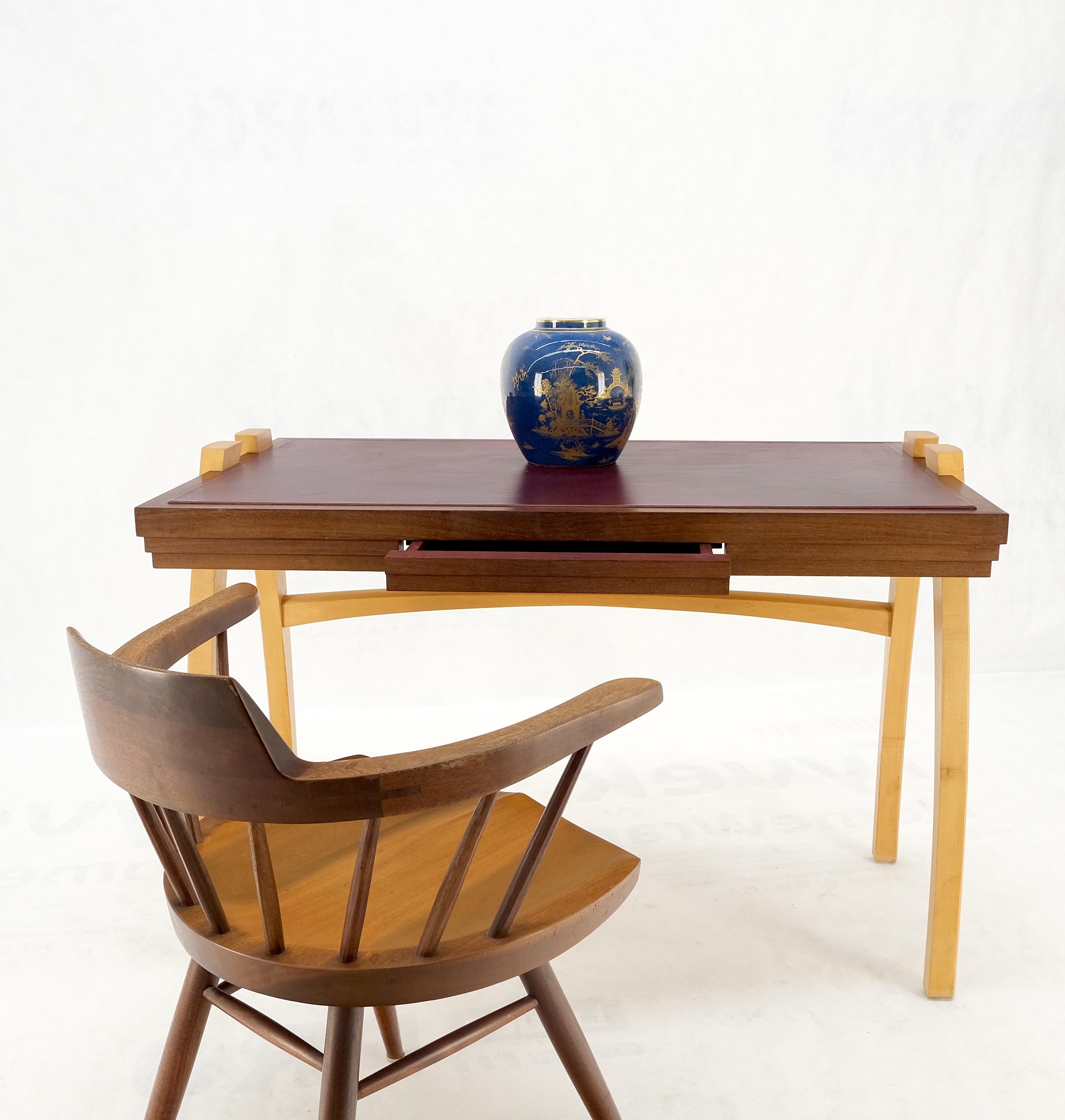 Low Profile One Drawer Mid-Century Modern Burgundy Leather Top Blonde Desk Mint! For Sale 9