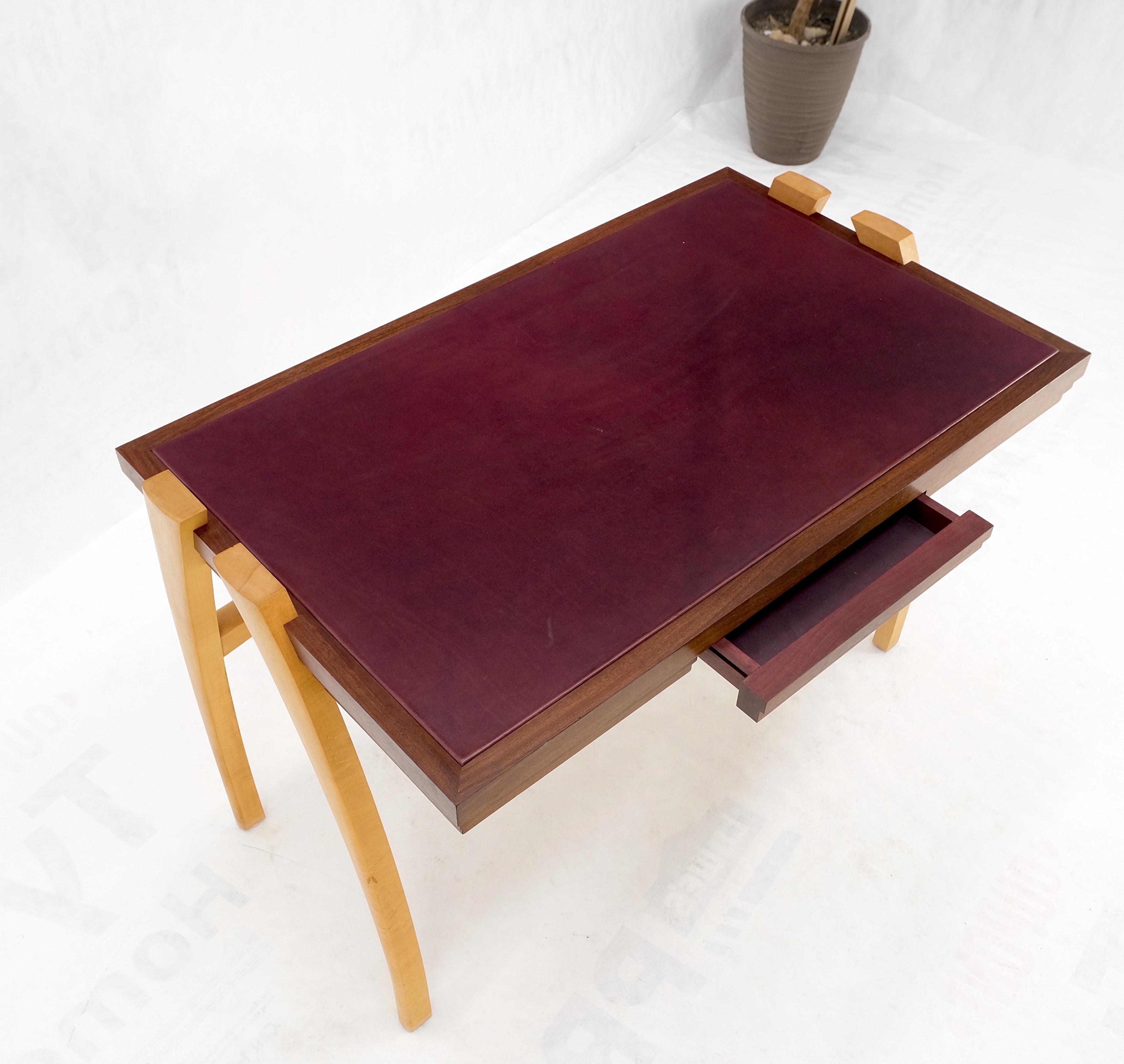 Low profile custom studio made one drawer Mid-Century Modernburgundy leather top blonde birch legs desk mint!