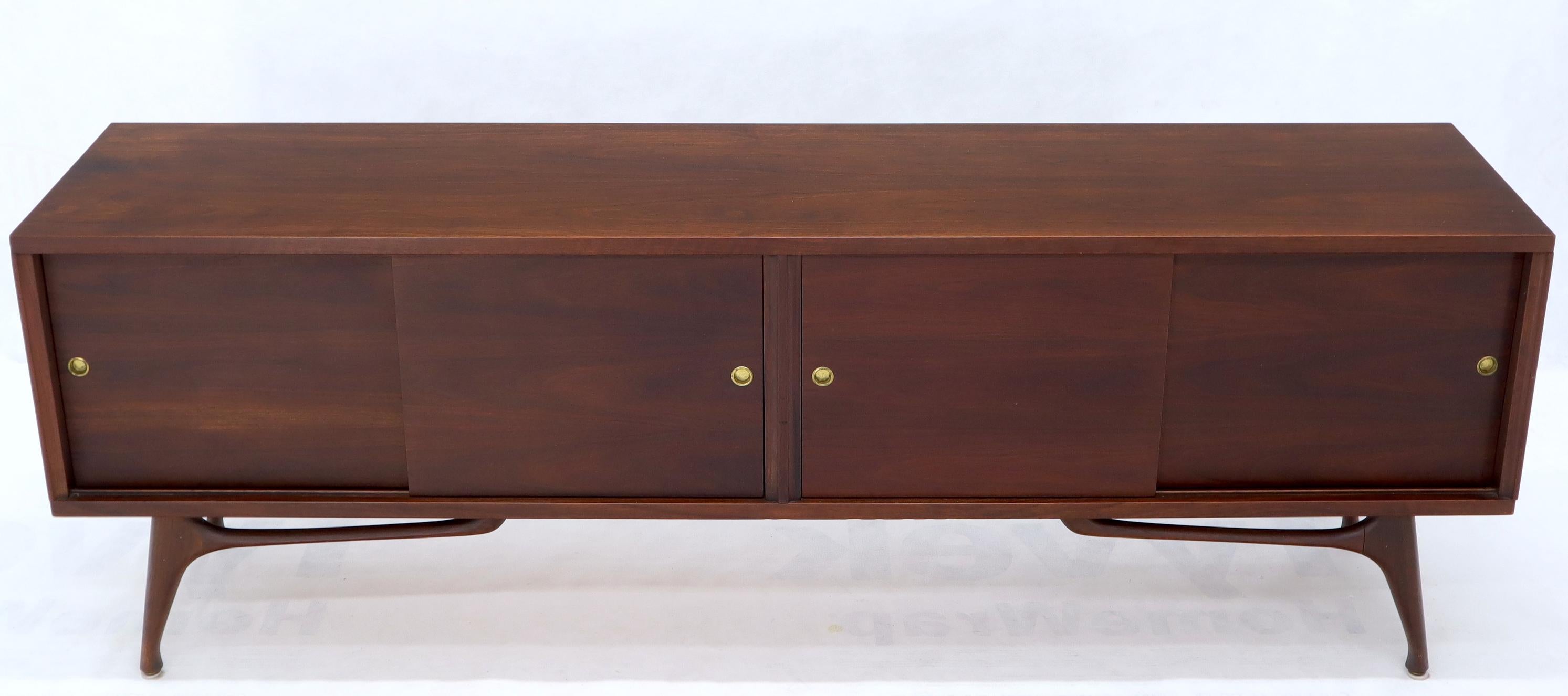 20th Century Low Profile Solid Walnut Sculptural Legs Sliding Doors Credenza Cabinet Console