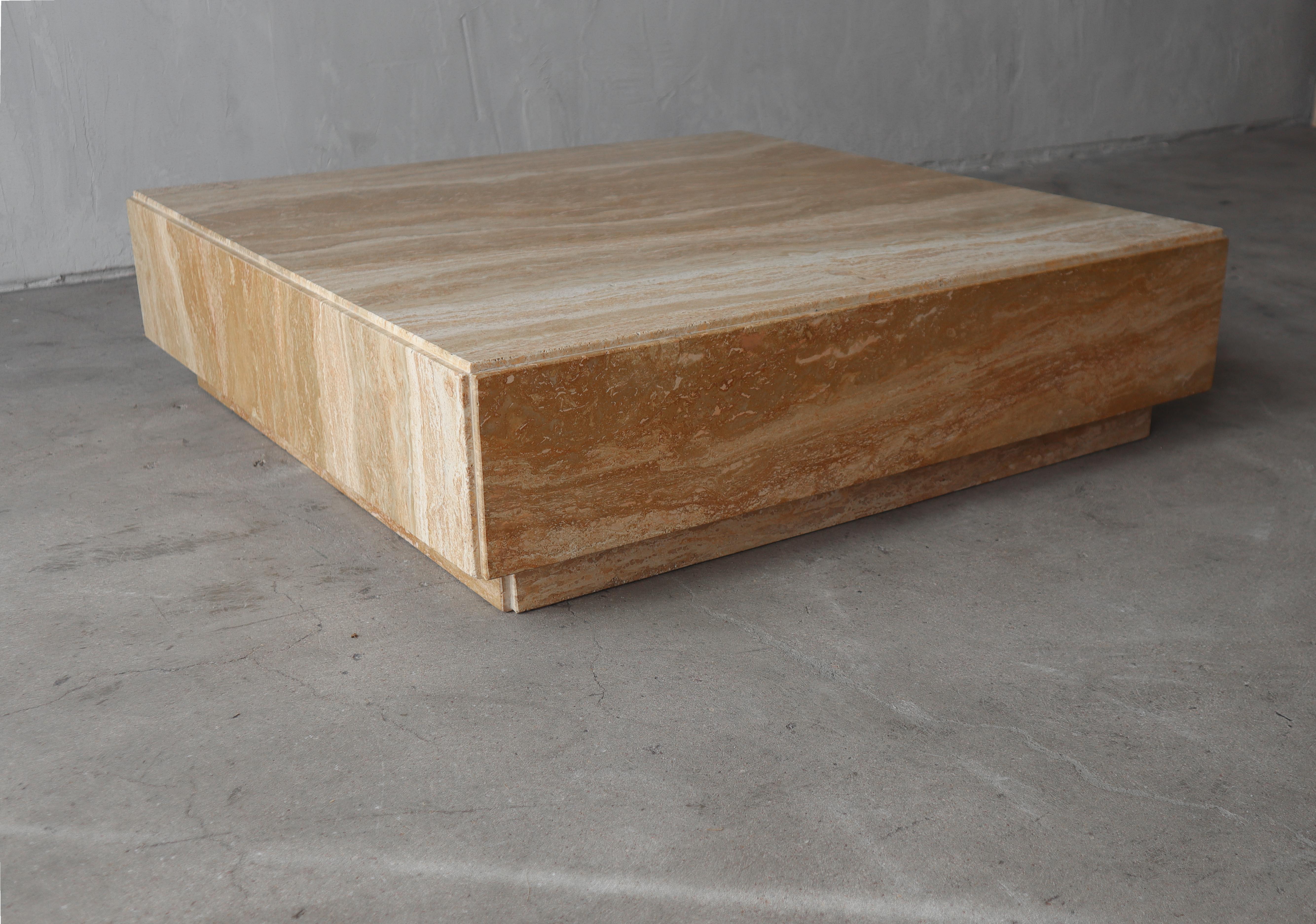 Absolutely gorgeous, Post Modern, square Italian marble coffee table in beautiful cream and beige tones. I love the unique tiered edge detail and the stunning marbling. You don't see marble tables this color every day, if you are looking for a stone
