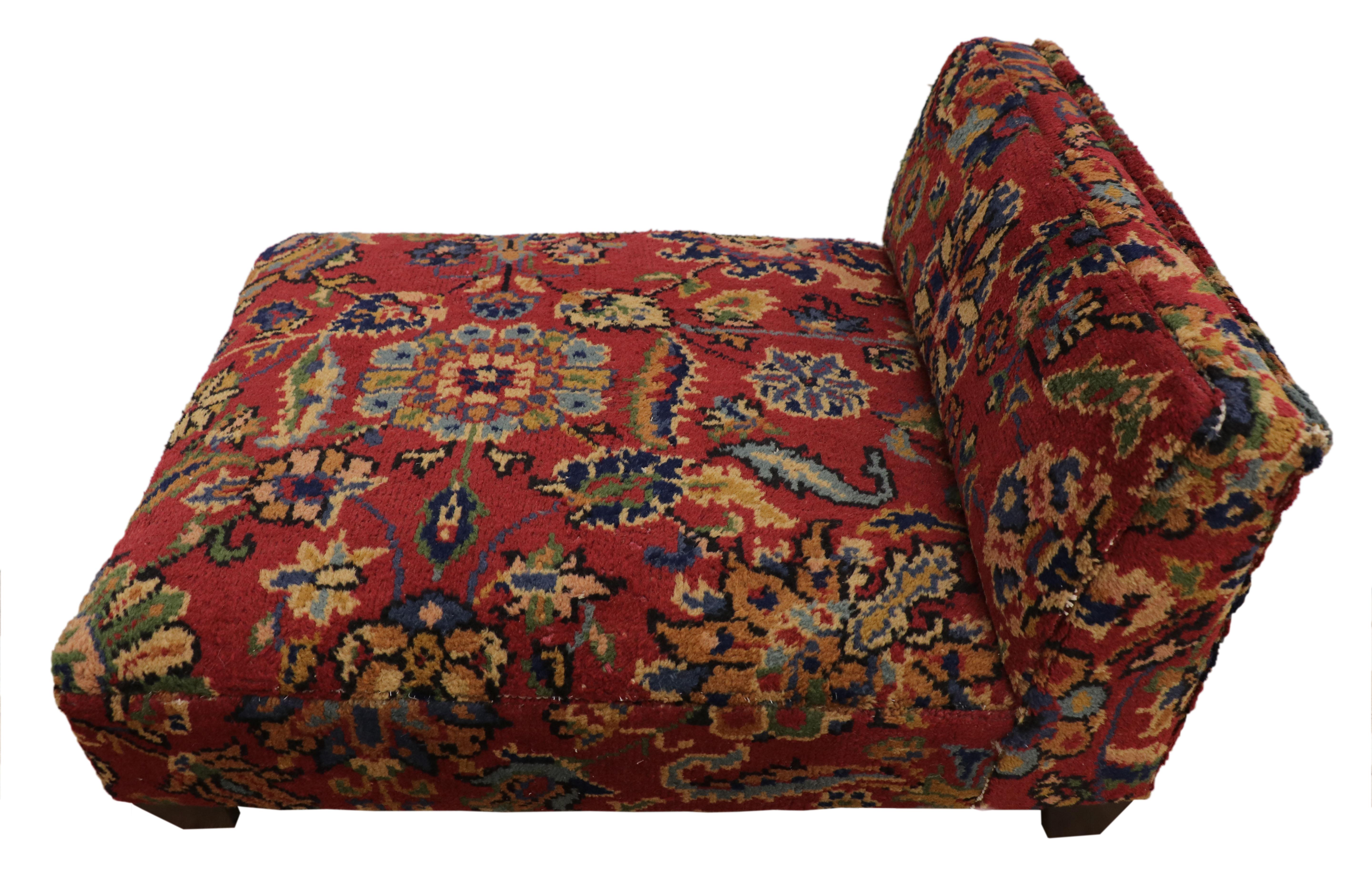 Low profile upholstered slipper chair from antique Persian rug or luxury petbed. This hand knotted wool late 19th century antique Persian Khorassan rug was converted into low profile slipper chair or perhaps it can be used as a luxury dog bed. It is