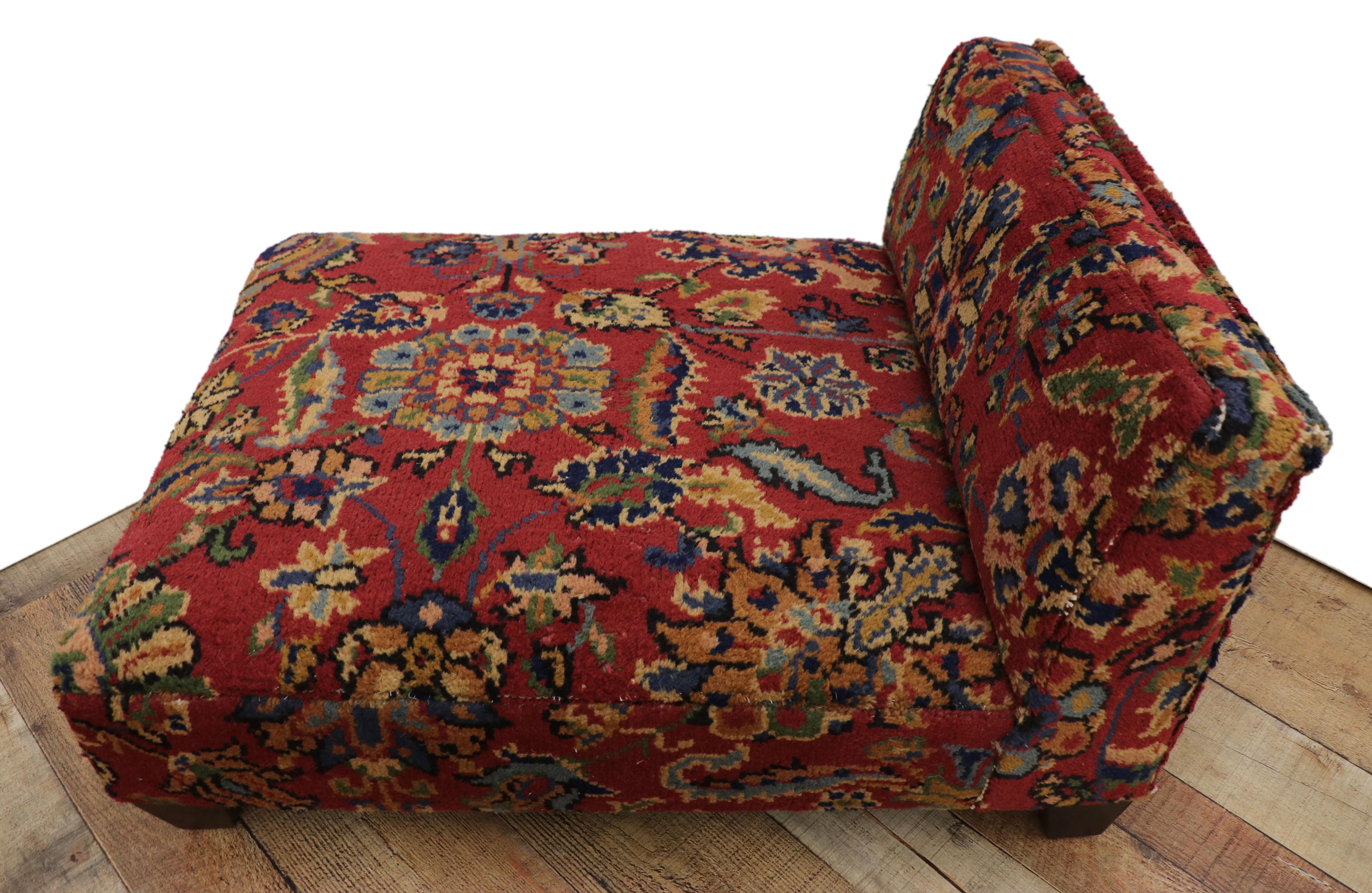 Hand-Knotted Low Profile Upholstered Slipper Chair from Antique Persian Rug or Luxury Petbed