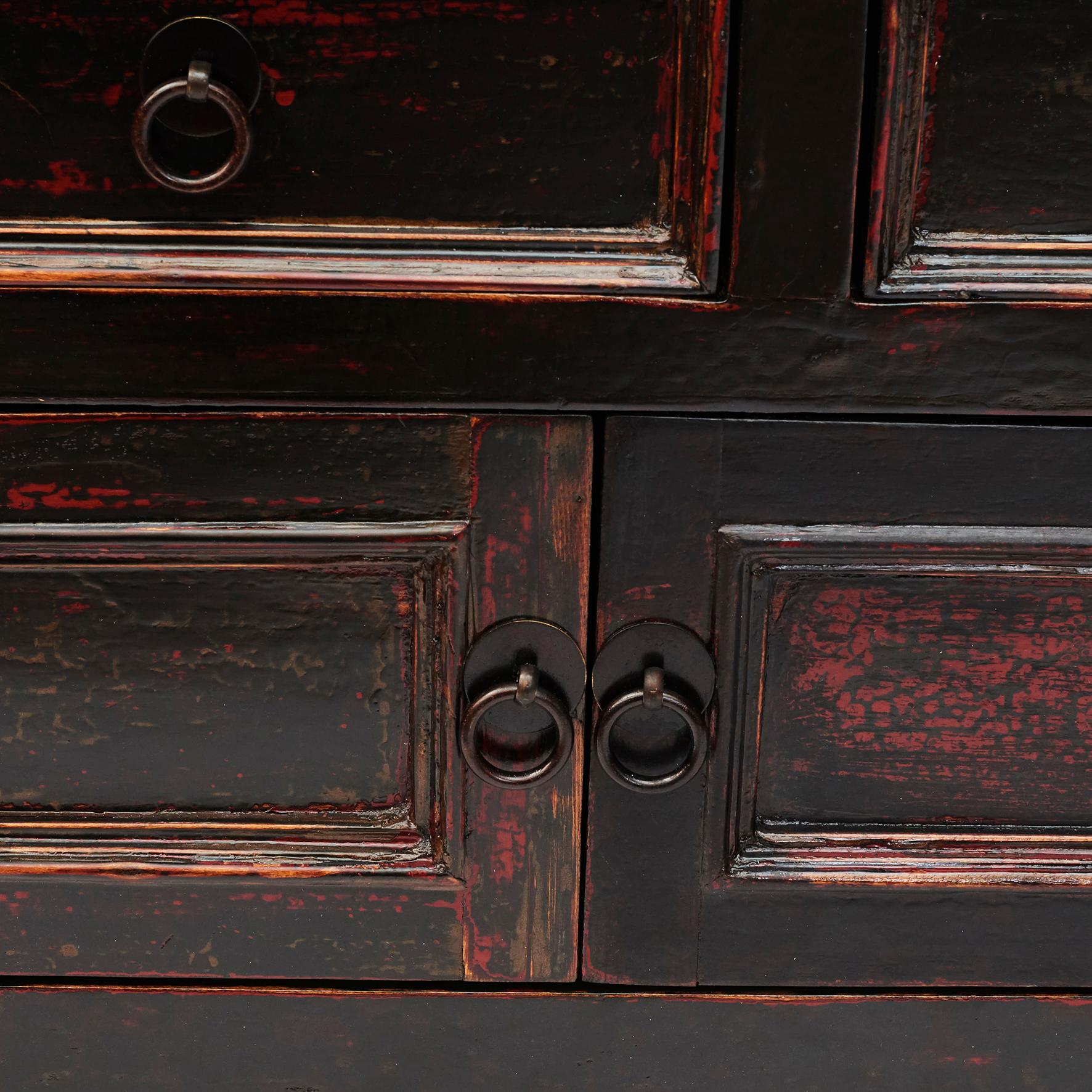 Chinese Low Qing Dynasty Kang Cabinet with in Original Black-Red Lacquer