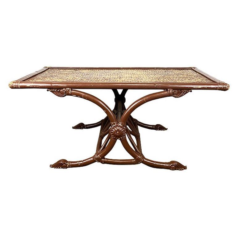 Low Rectangular Brown Rustic Bamboo and Rattan Coffee Table in Brown