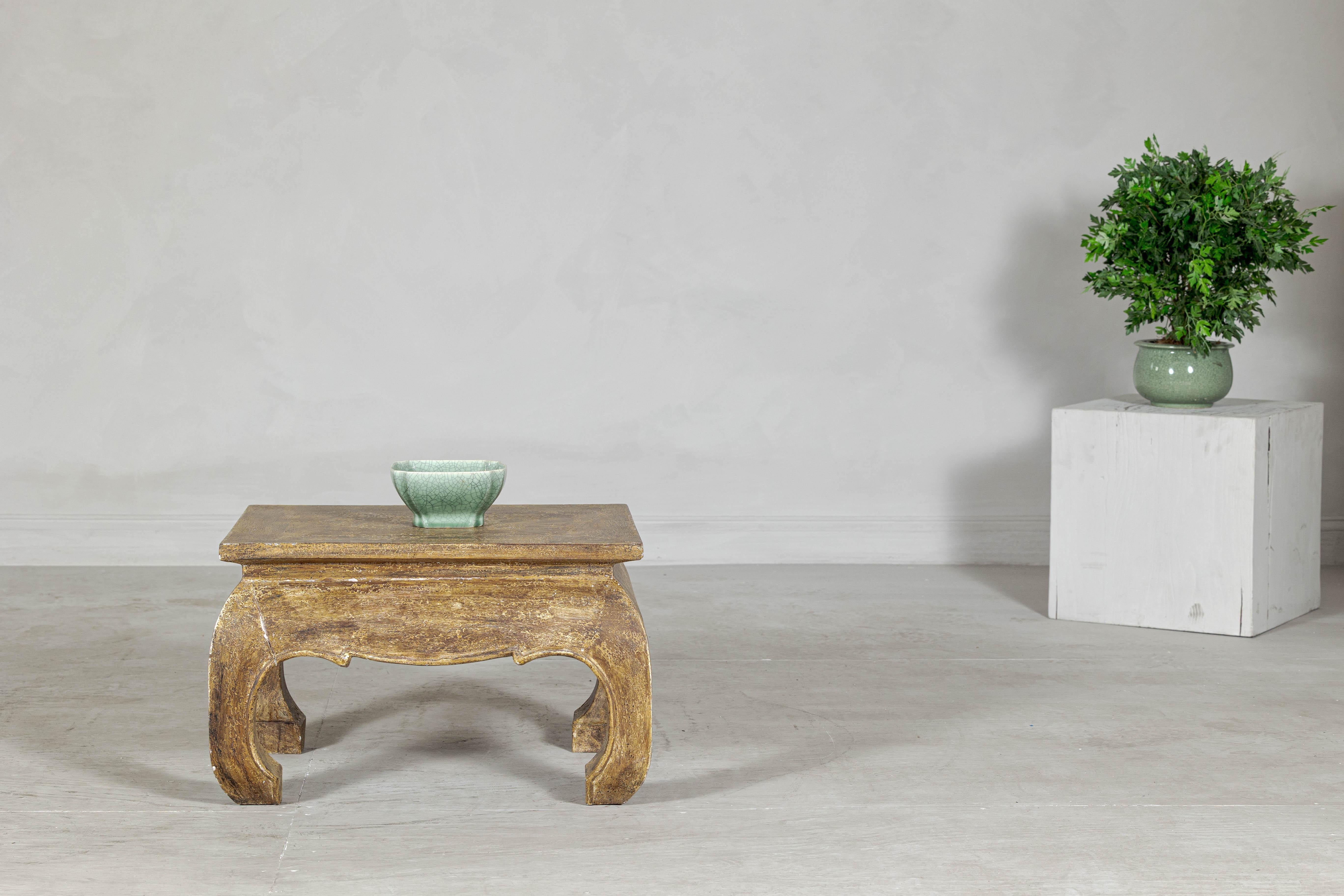 Thai Low Rectangular Side Table with Distressed Finish and Carved Chow Legs For Sale