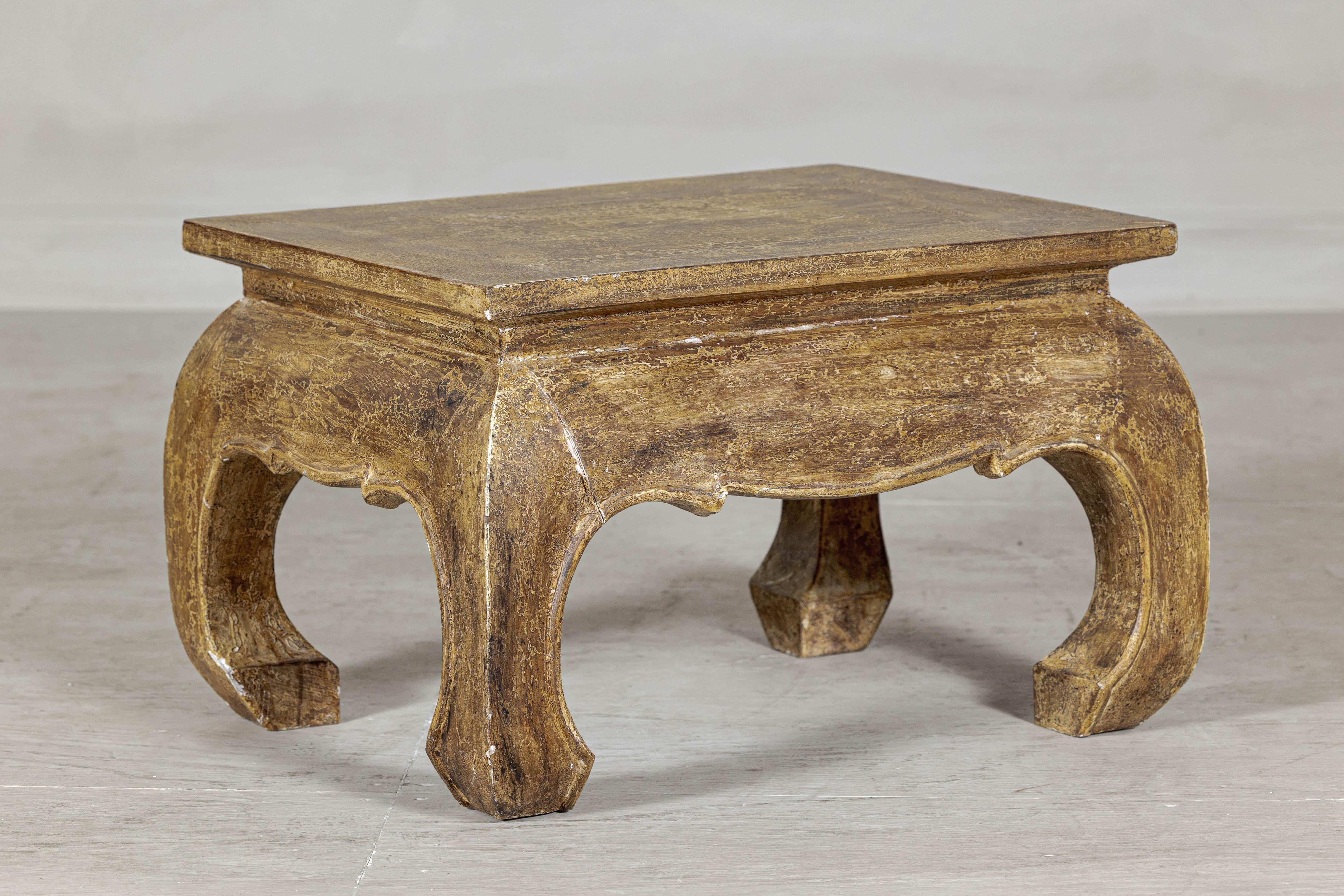 Painted Low Rectangular Side Table with Distressed Finish and Carved Chow Legs For Sale