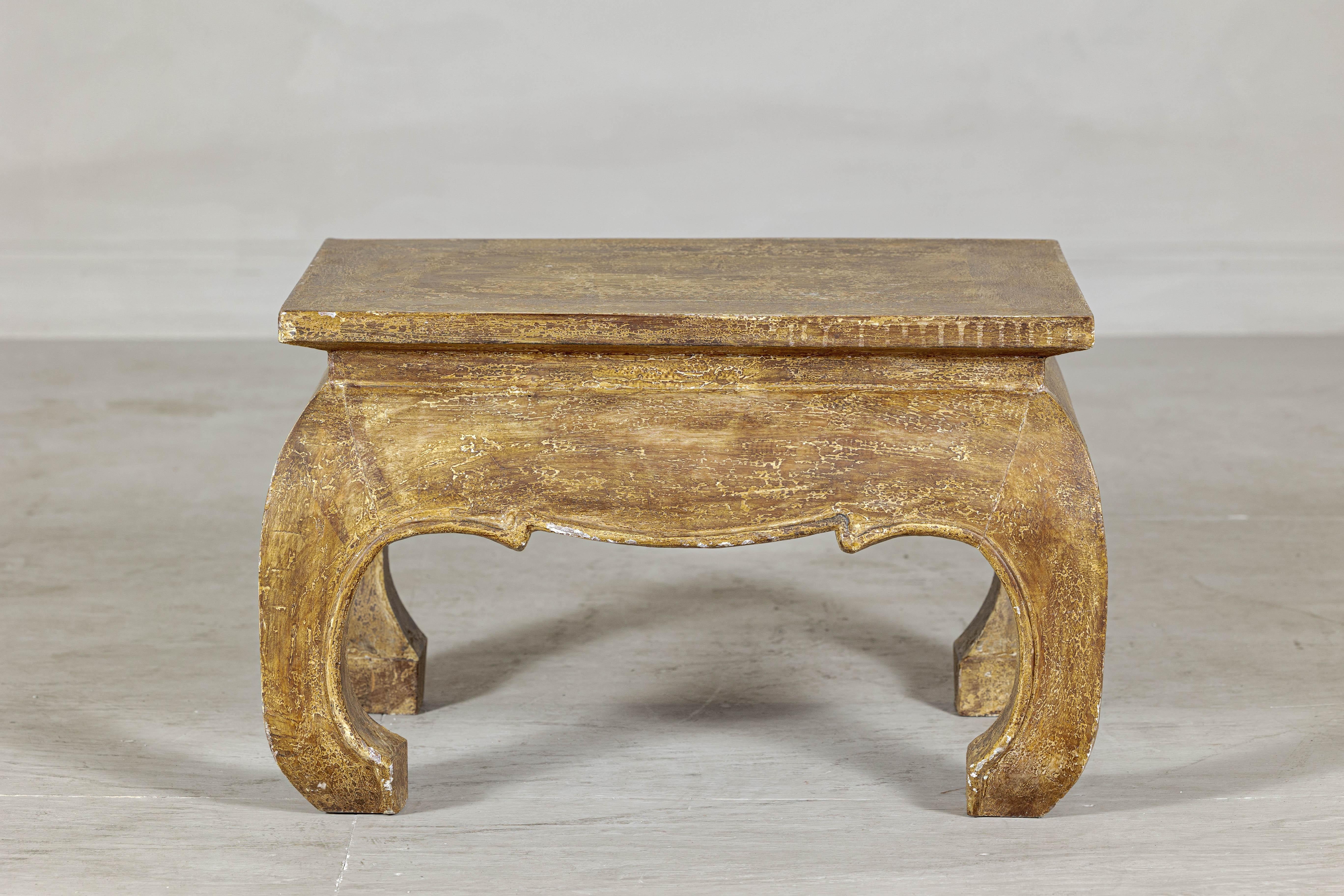 20th Century Low Rectangular Side Table with Distressed Finish and Carved Chow Legs For Sale