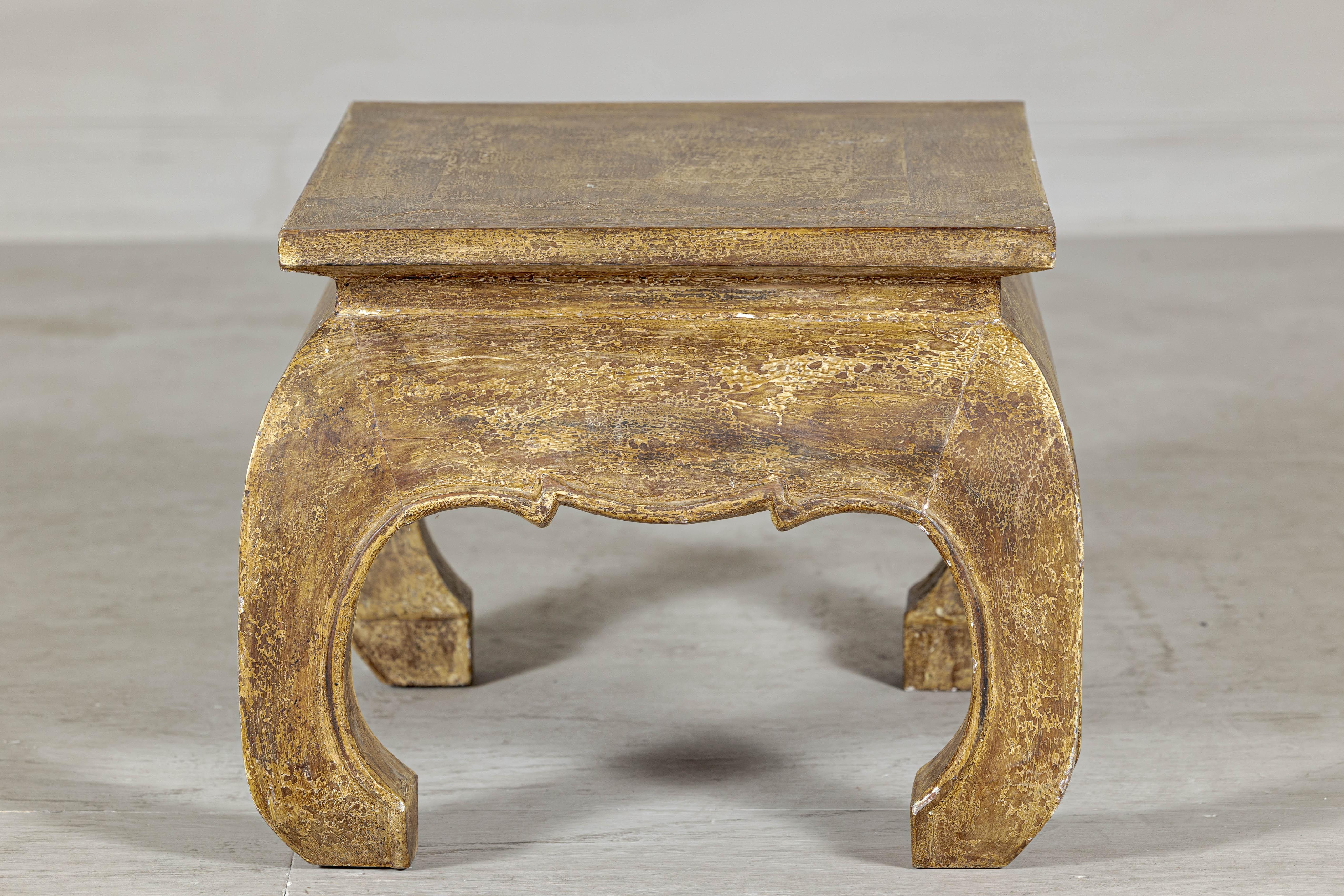 Wood Low Rectangular Side Table with Distressed Finish and Carved Chow Legs For Sale