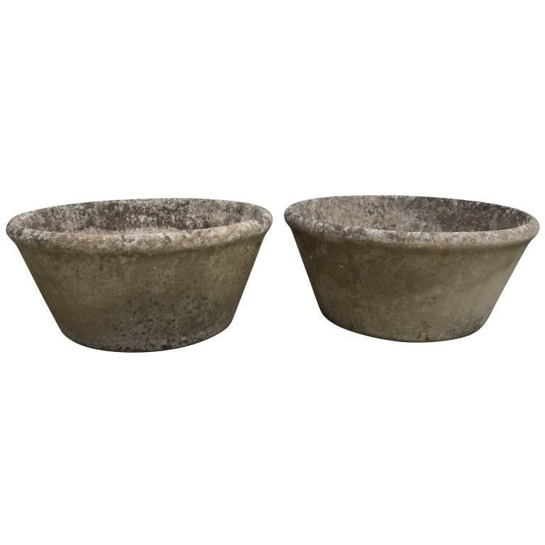 Purchased in France these low round planters are covered in a lovely patina of moss and age.