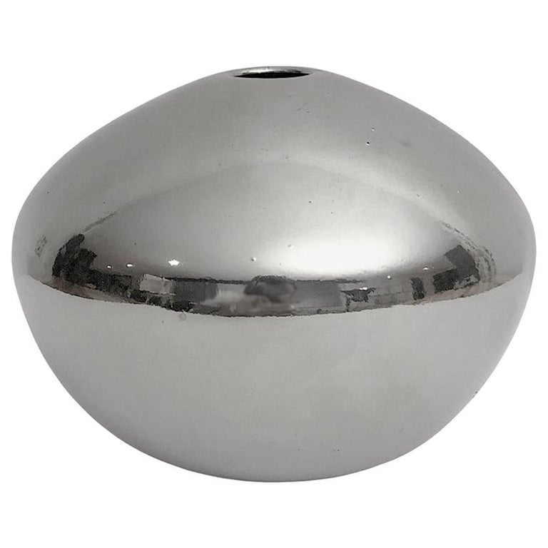 Low Round Ceramic Vase with Polished White Gold Lustre Glaze by Sandi