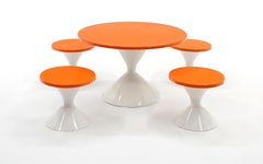 Low Round Outdoor Table w/ Four Stools, Orange and White, Perfect for Kids