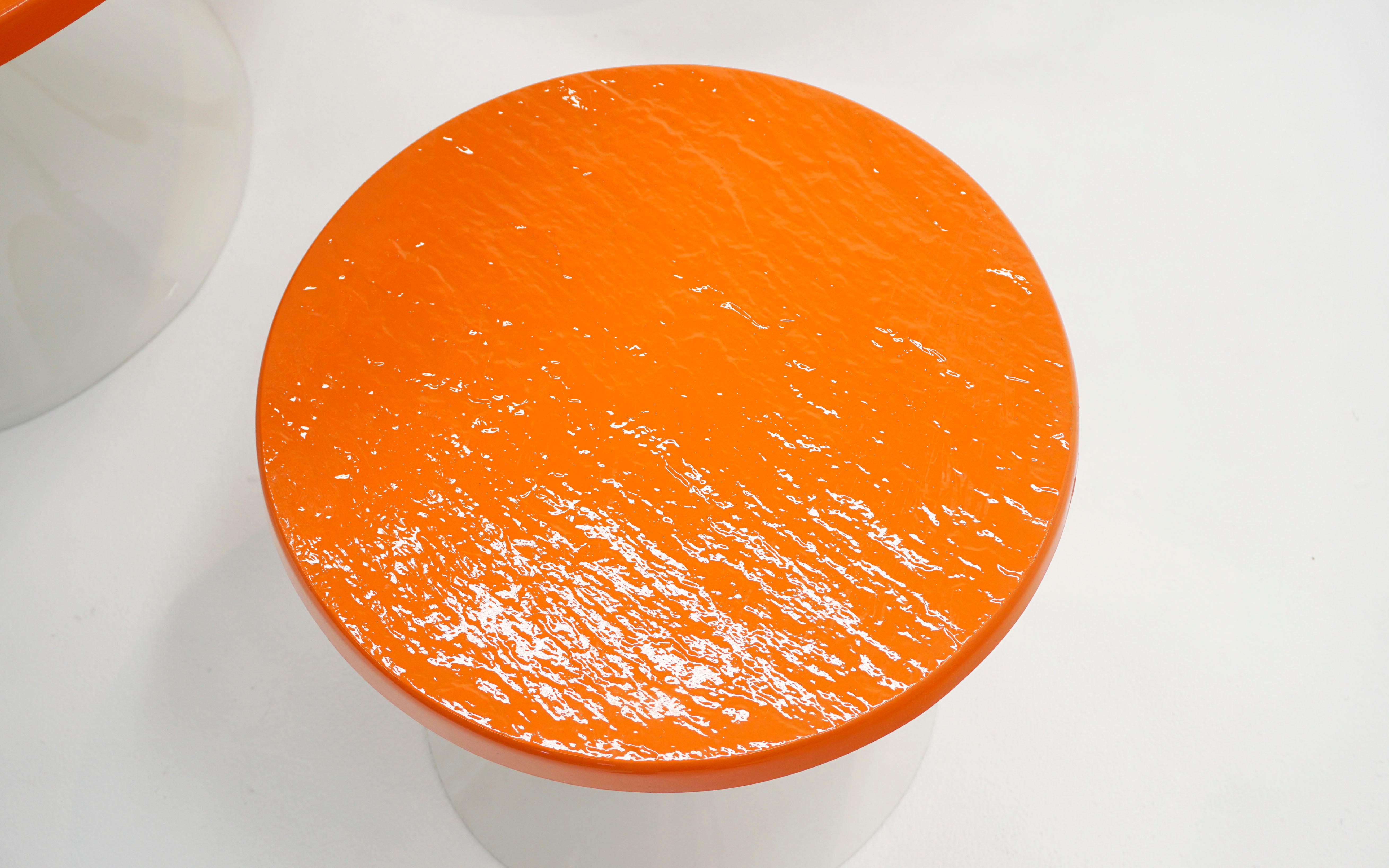 Mid-Century Modern Low Round Outdoor Table w/ Four Stools, Orange and White, Perfect for Kids