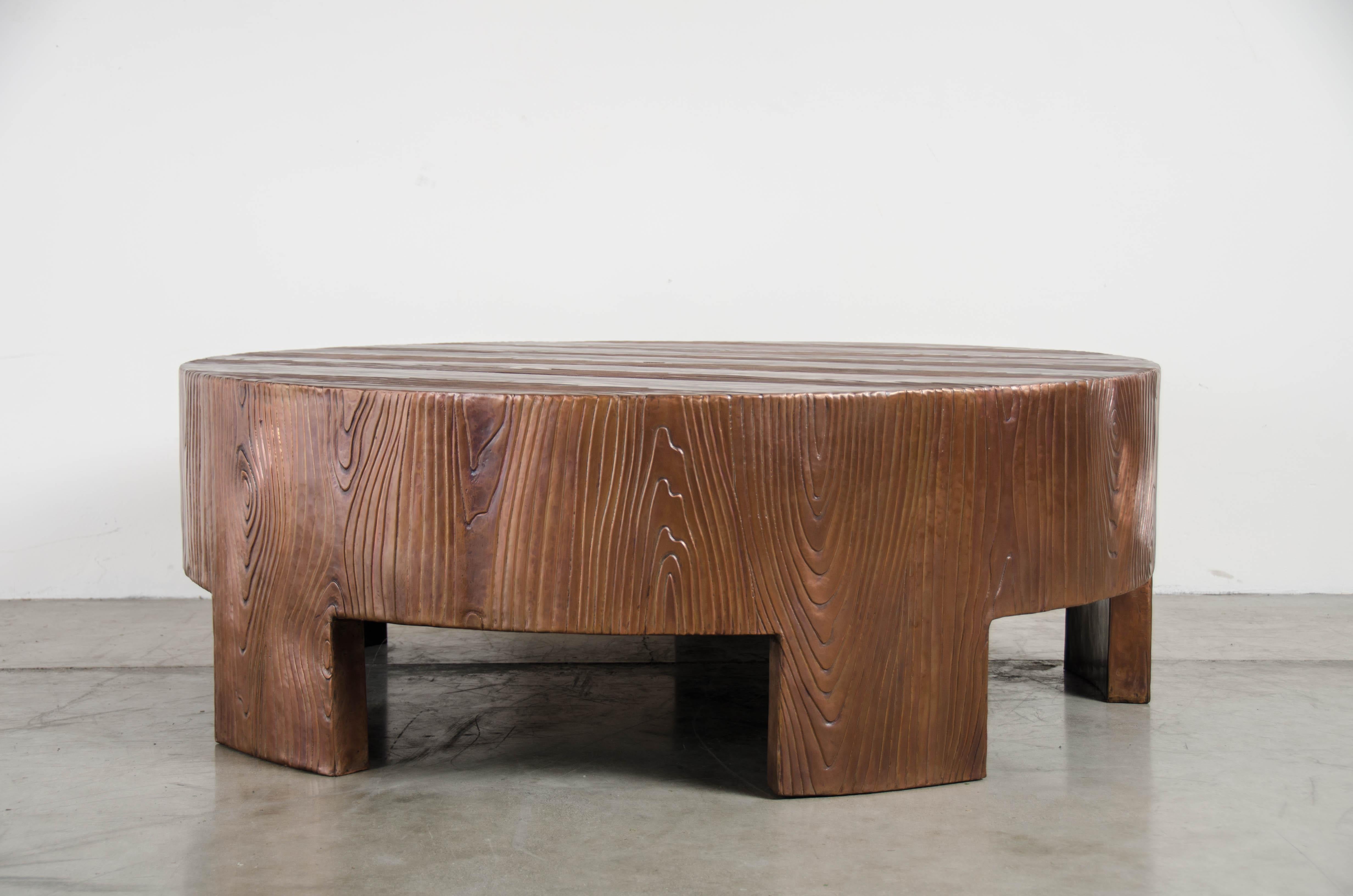 Repoussé Low Round Table, Woodgrain Design, Antique Copper by Robert Kuo, Hand Repousse For Sale