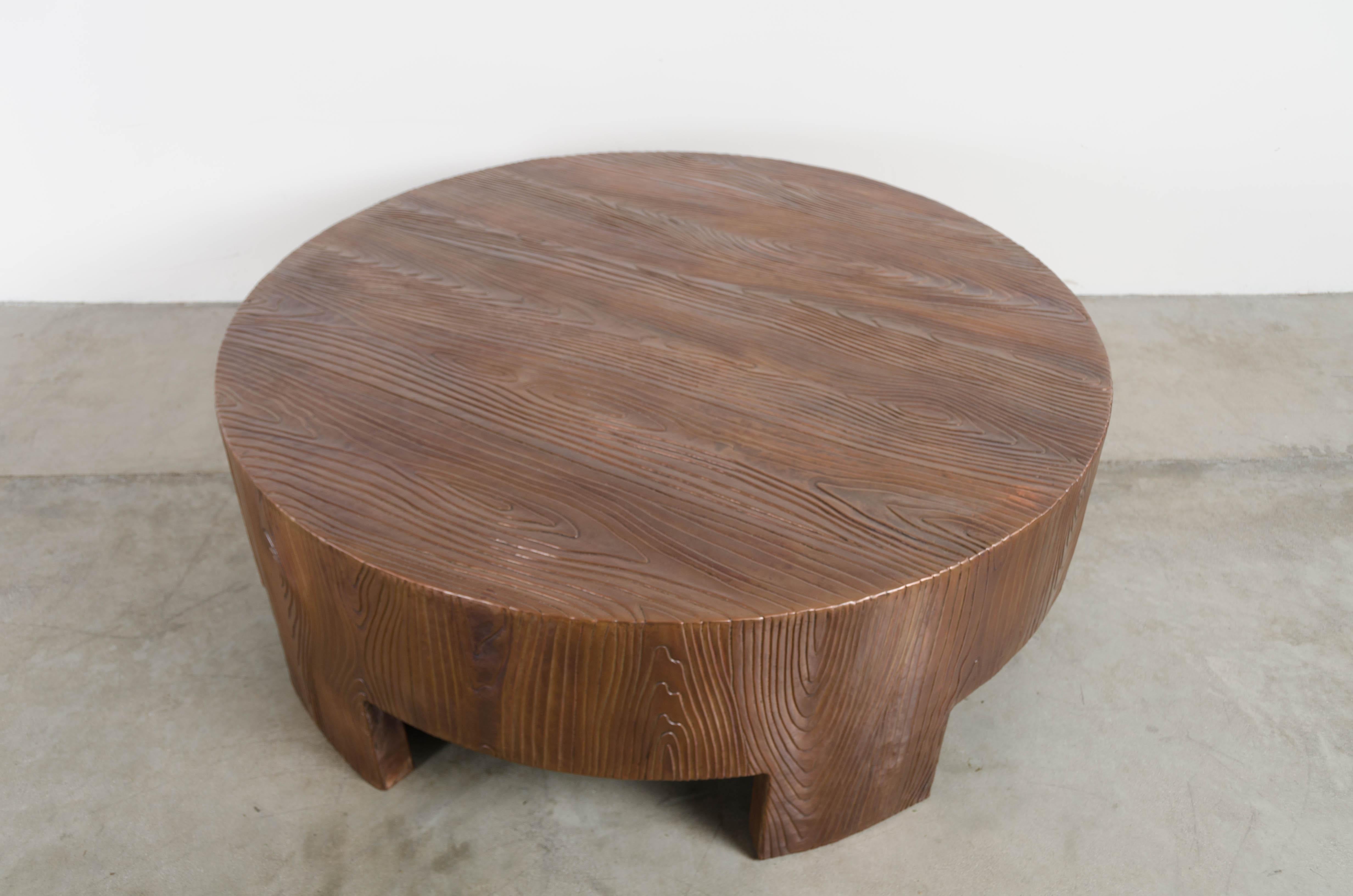 Low Round Table, Woodgrain Design, Antique Copper by Robert Kuo, Hand Repousse In New Condition For Sale In Los Angeles, CA