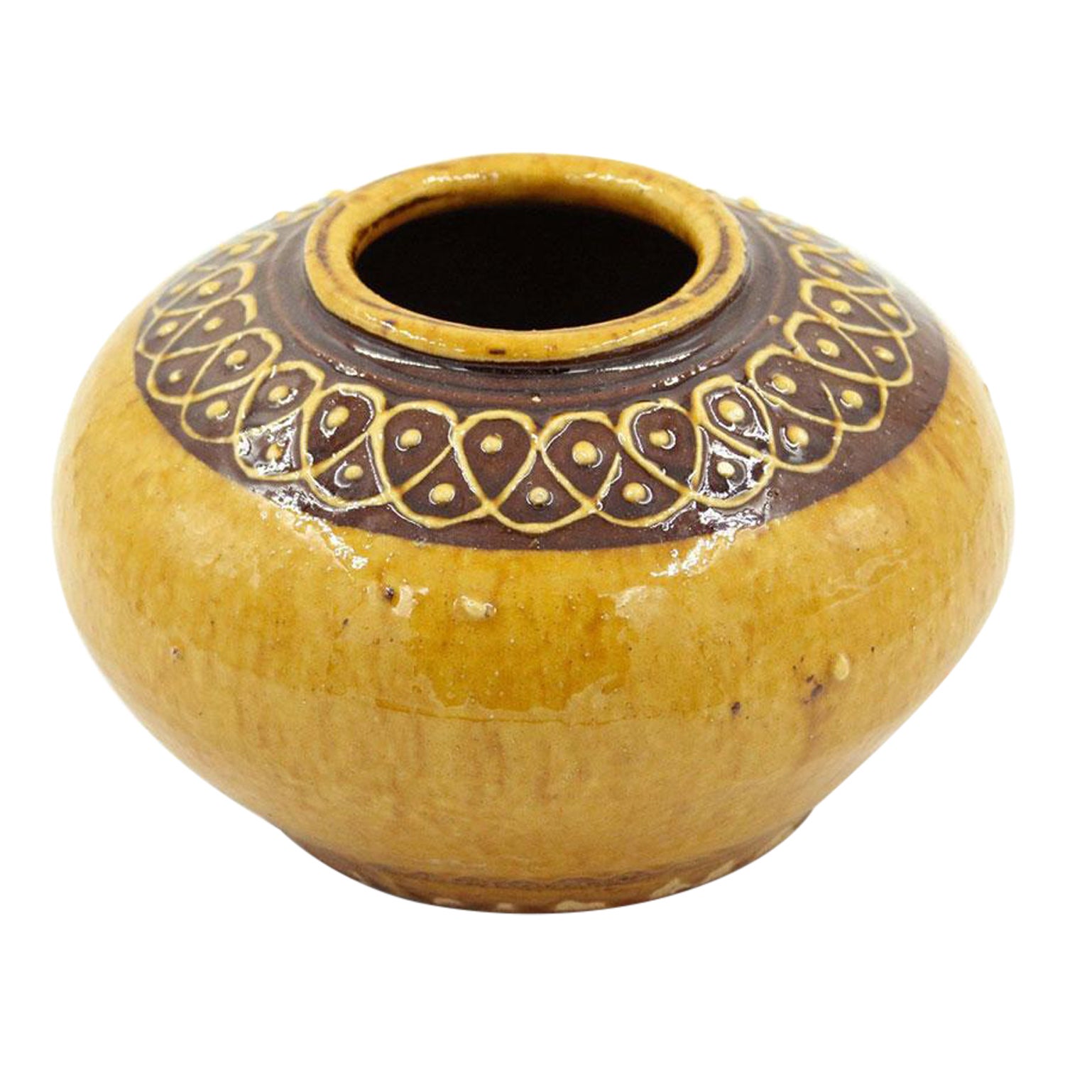 Low Round Yellow and Brown Patterned Rim Ceramic Vase
